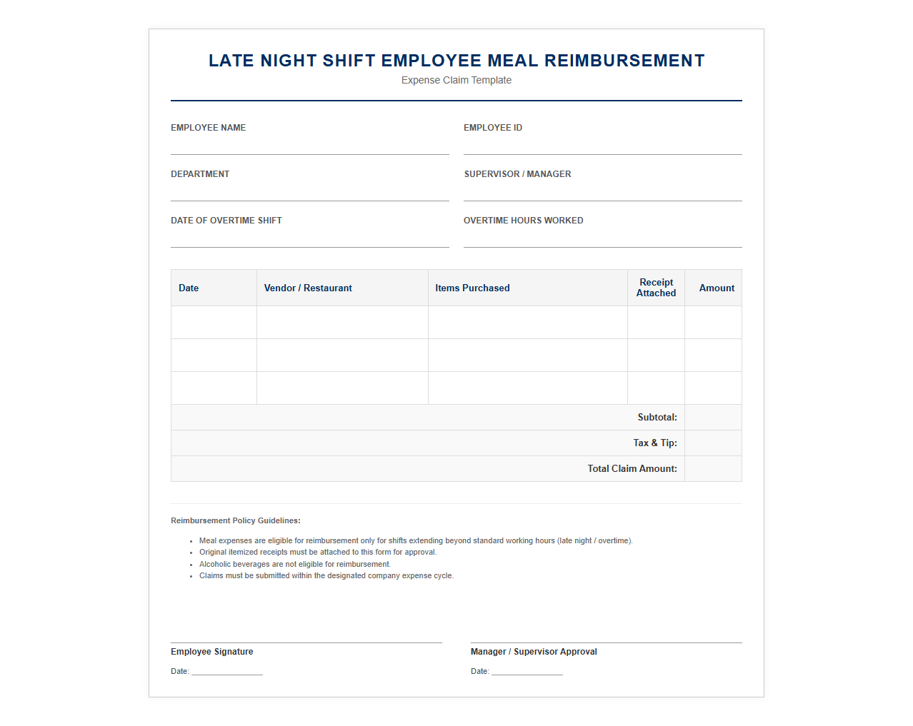 Late Night Shift Employee Meal Reimbursement Template