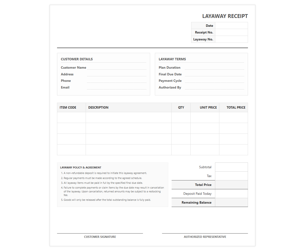 Layaway Purchase Deposit Receipt Document