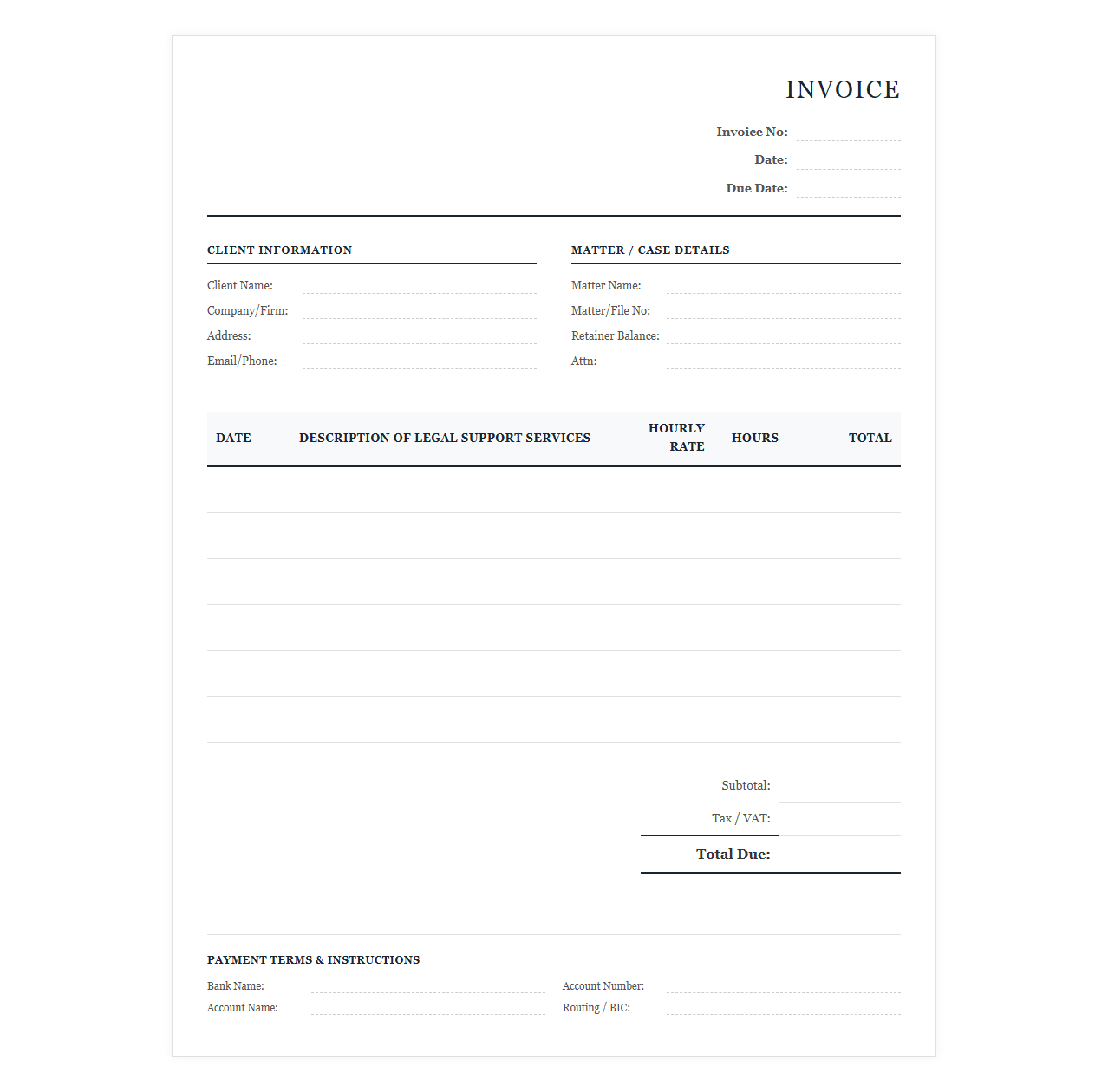 Legal Administration and Support Invoice Template