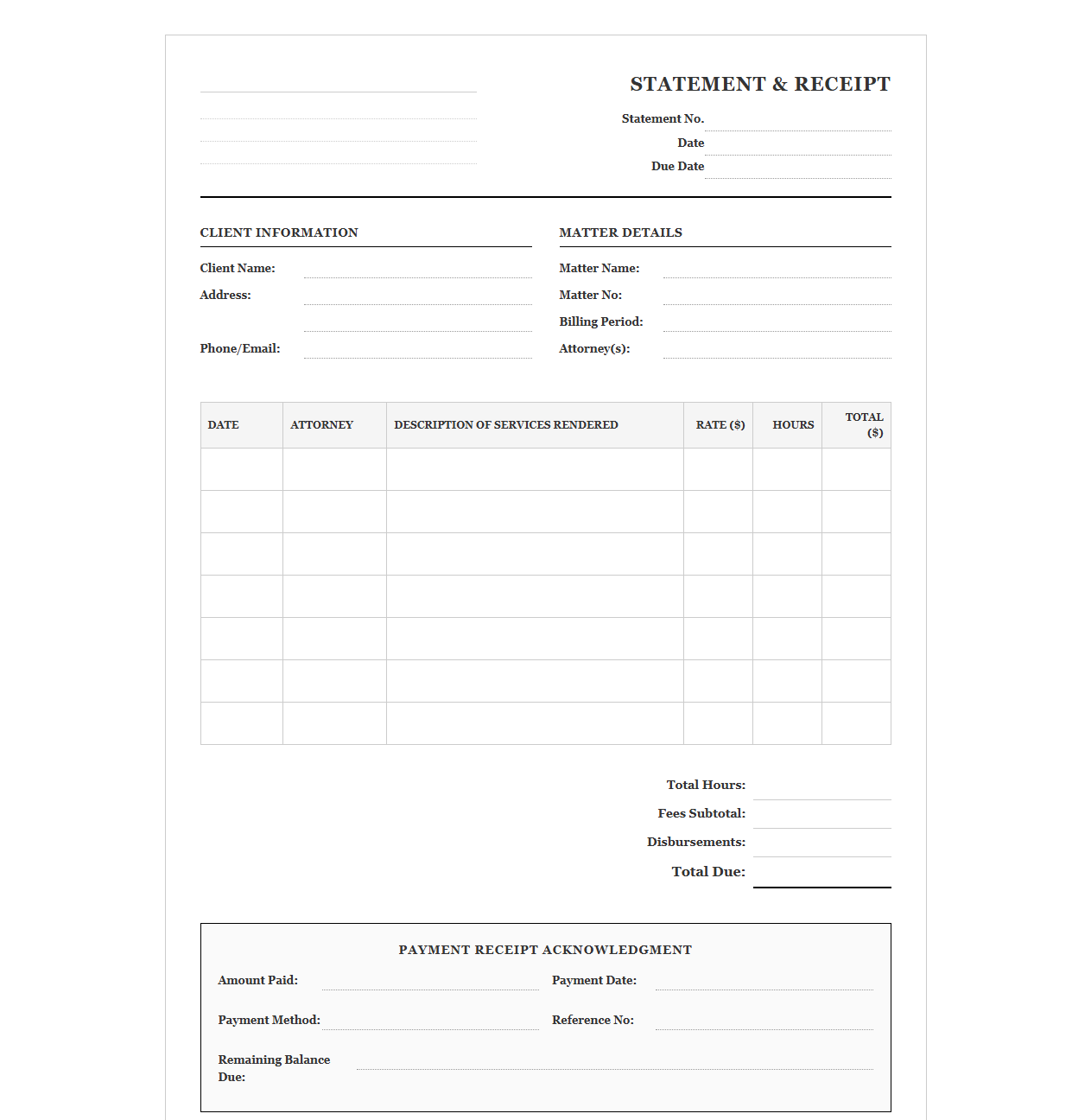 Legal Services Hourly Billing Statement and Receipt