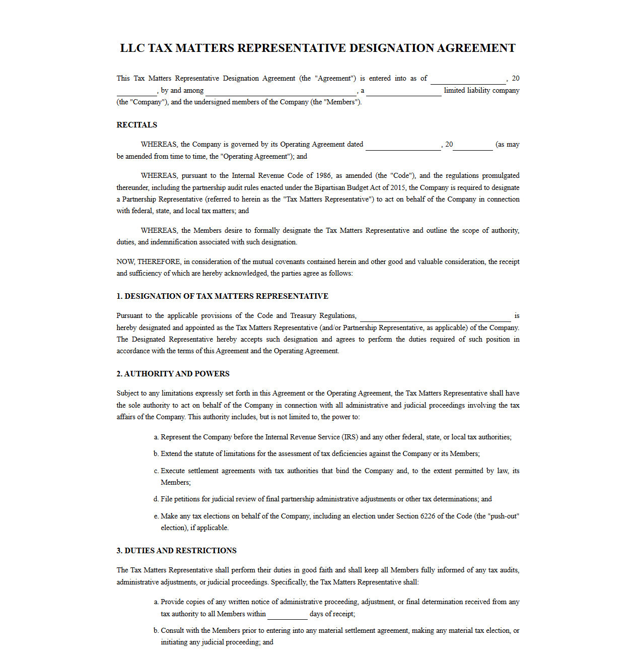 LLC Tax Matters Representative Designation Agreement