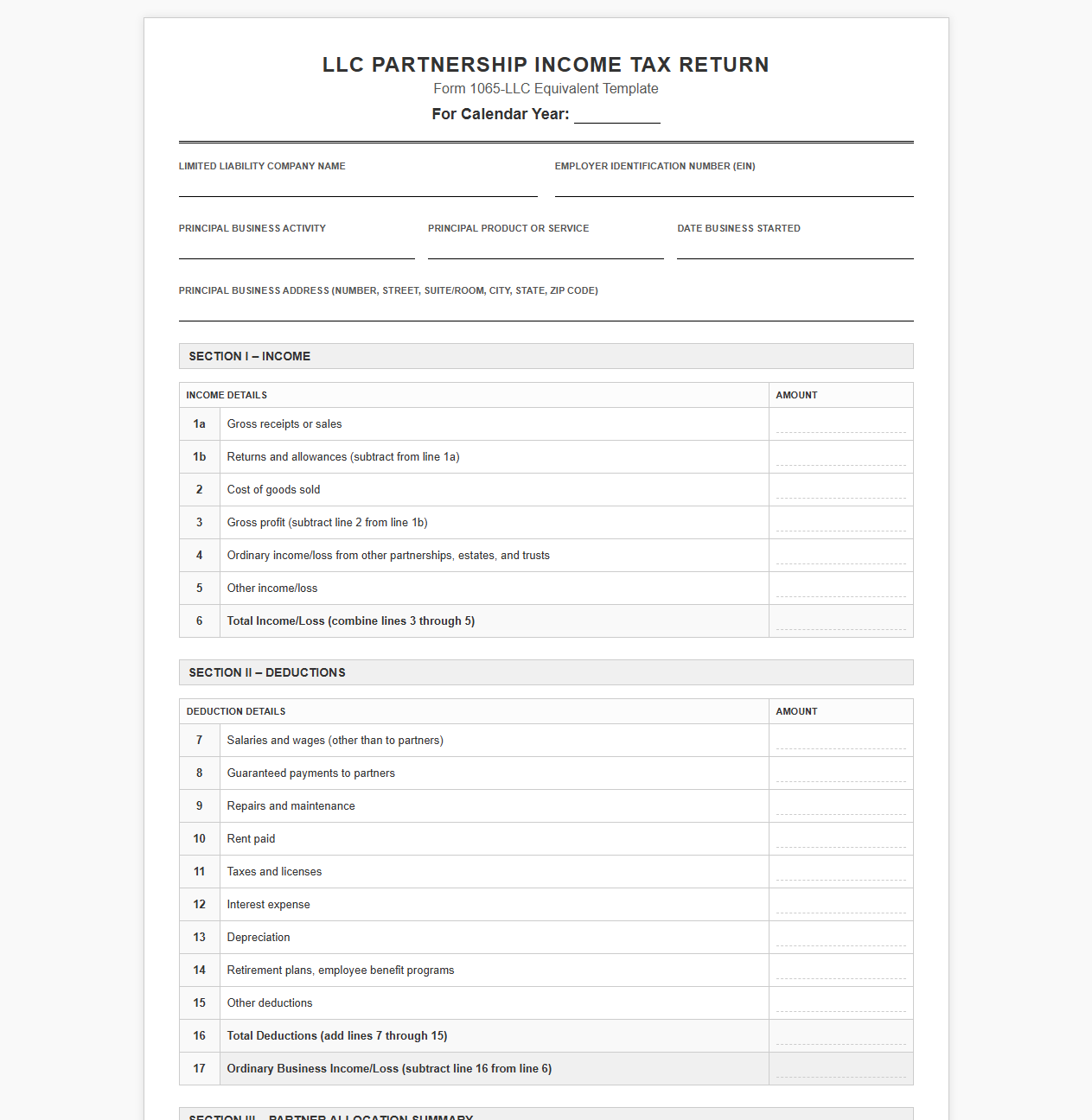 LLC Tax Return Template Filing as Partnership