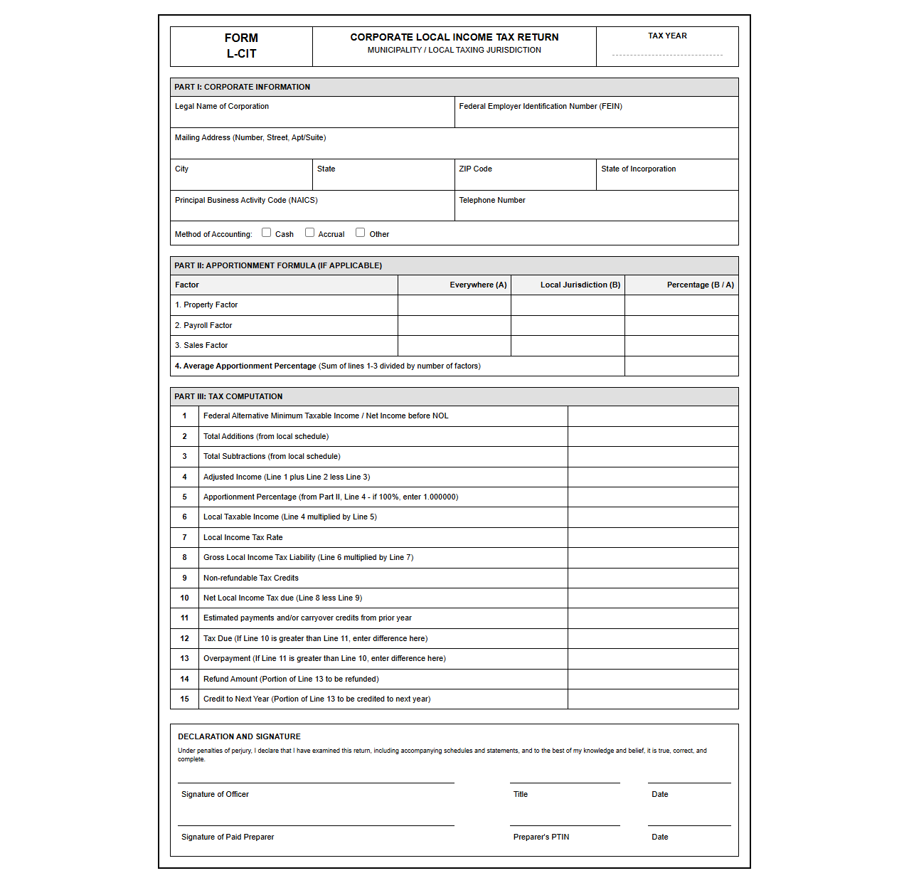 Local Corporate Income Tax Return Form