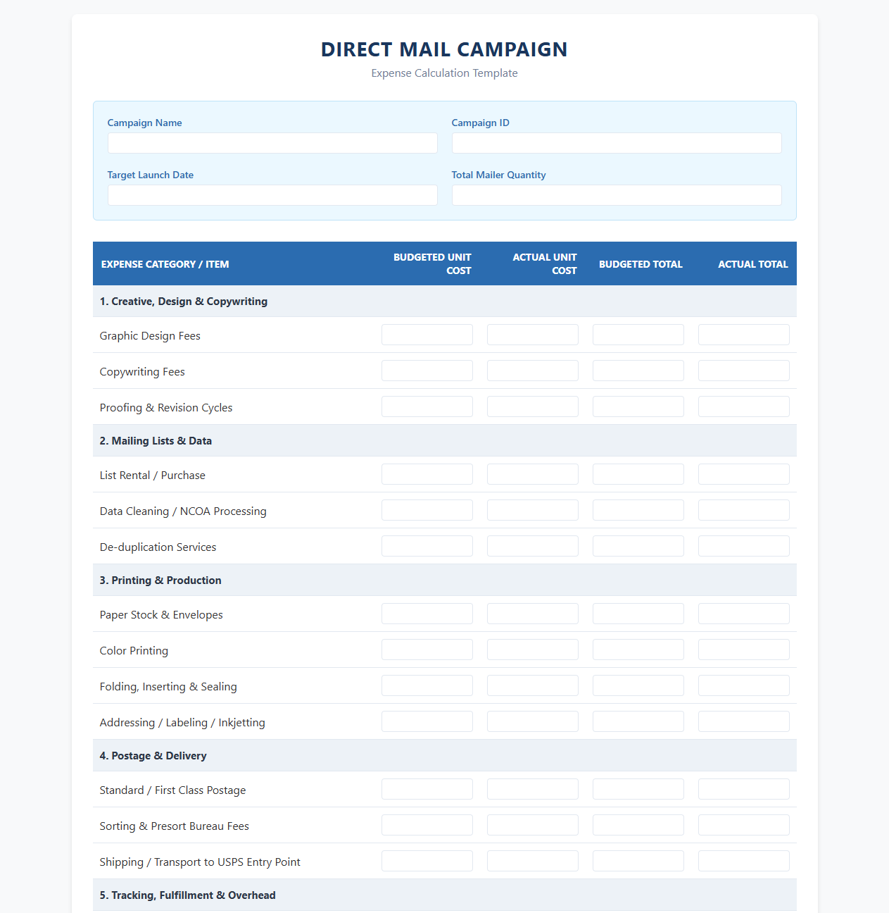 Mailer Campaign Expense Calculation Template