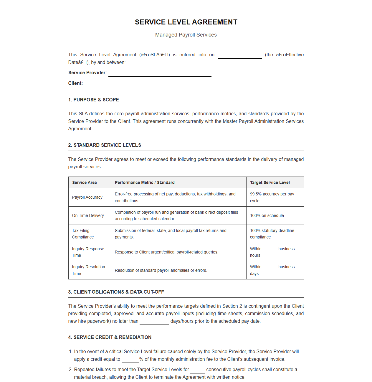 Managed Payroll Services Service Level Agreement