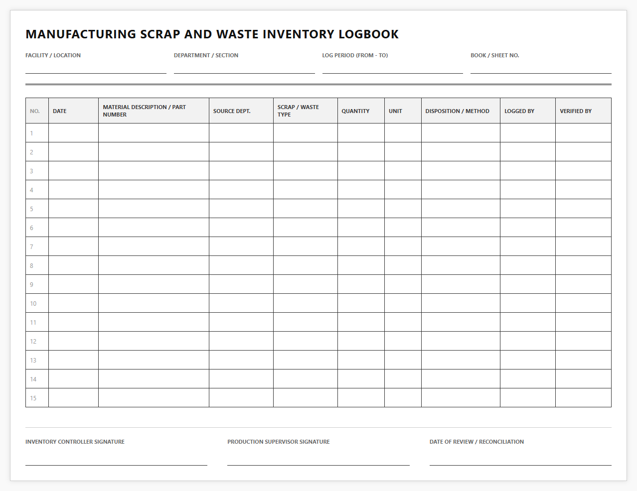 Manufacturing Scrap and Waste Inventory Logbook