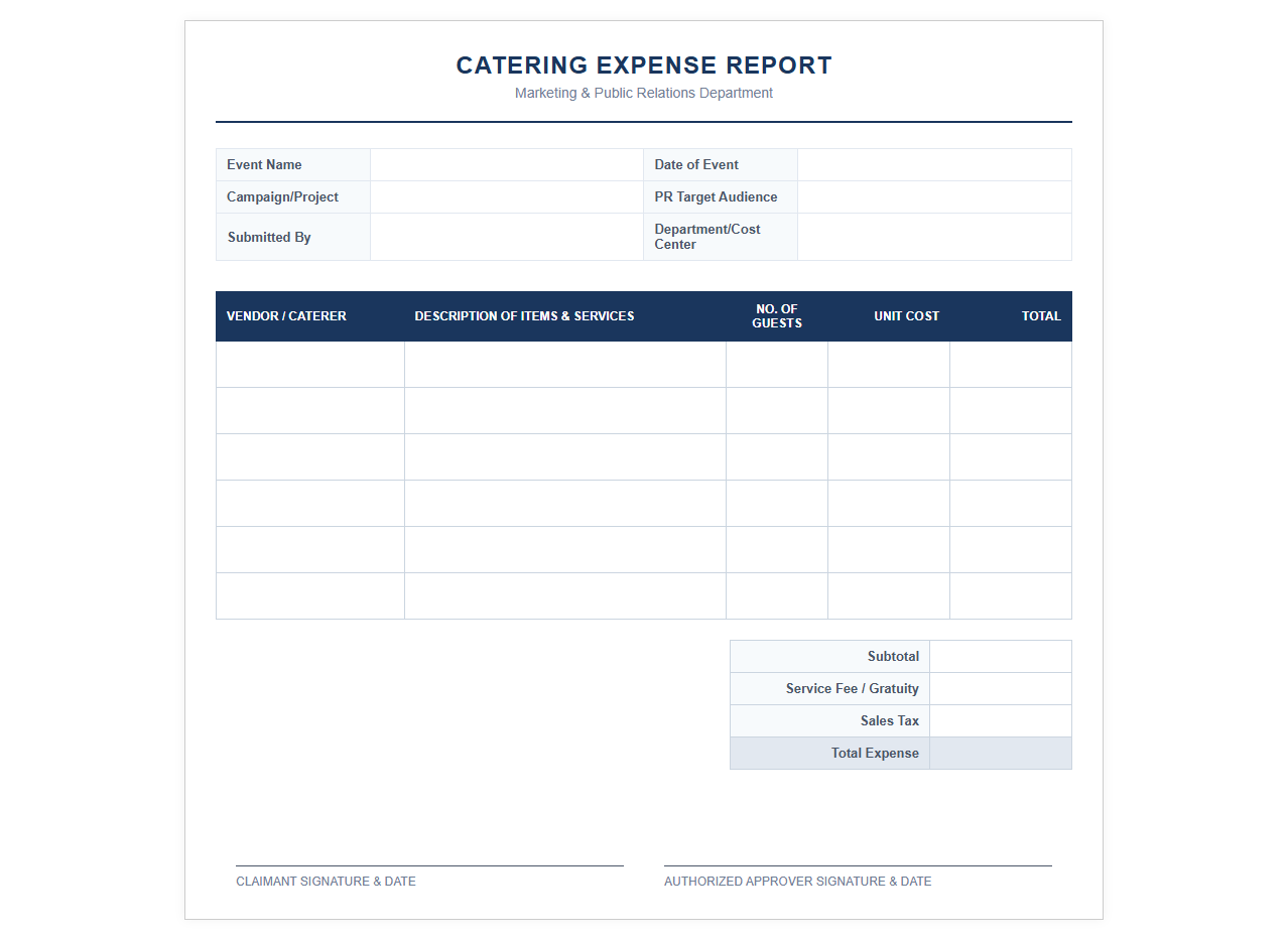 Marketing PR Catering Expense Report Template
