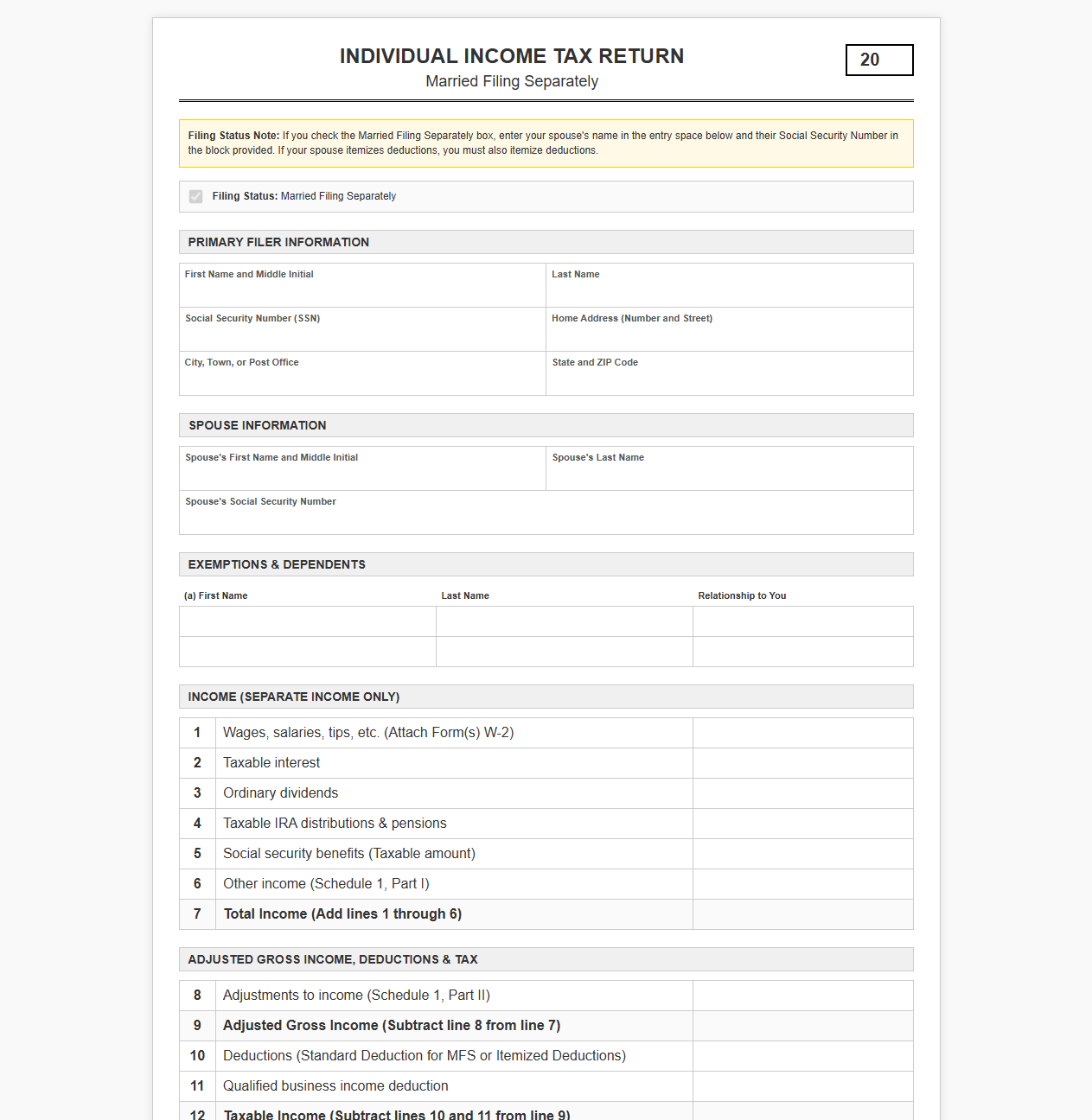 Married Filing Separately Tax Return Template