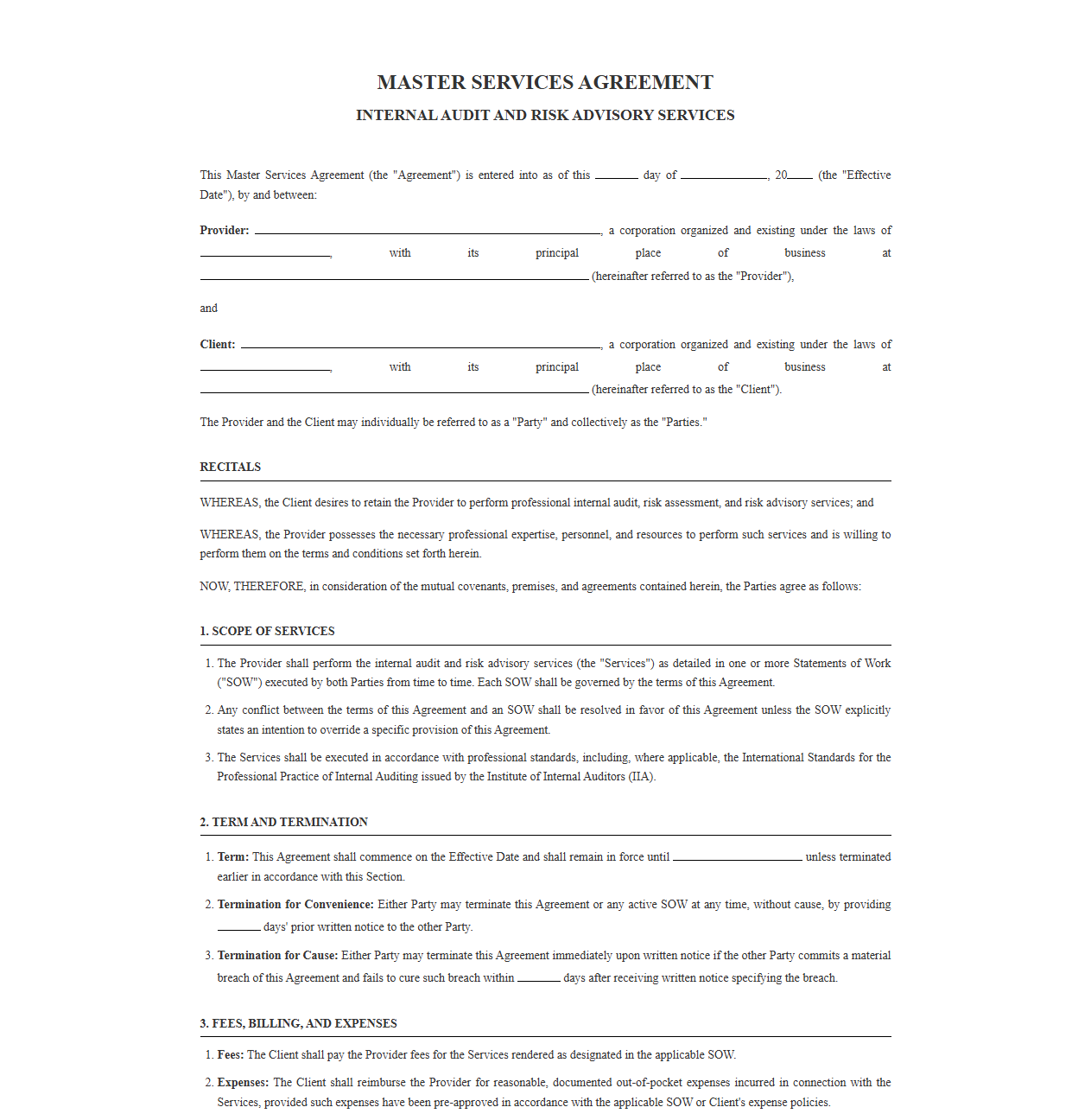 Master Services Agreement for Internal Audit and Risk Advisory
