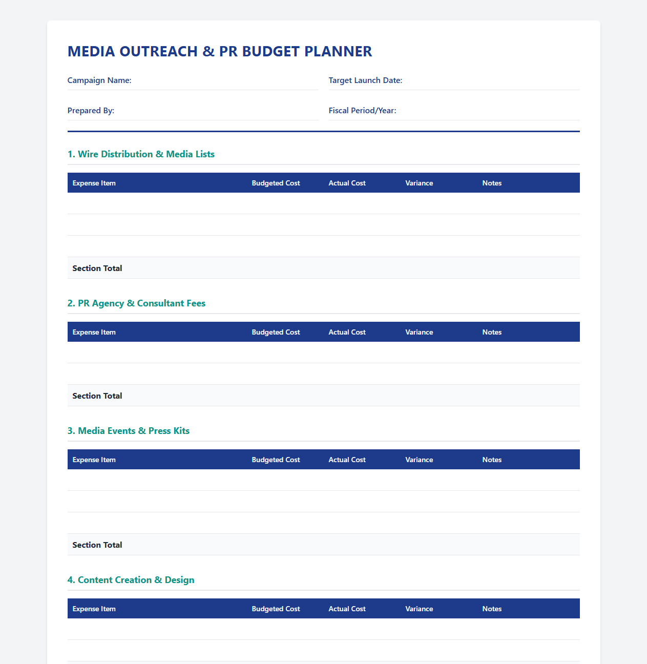Media Outreach and PR Budget Planner