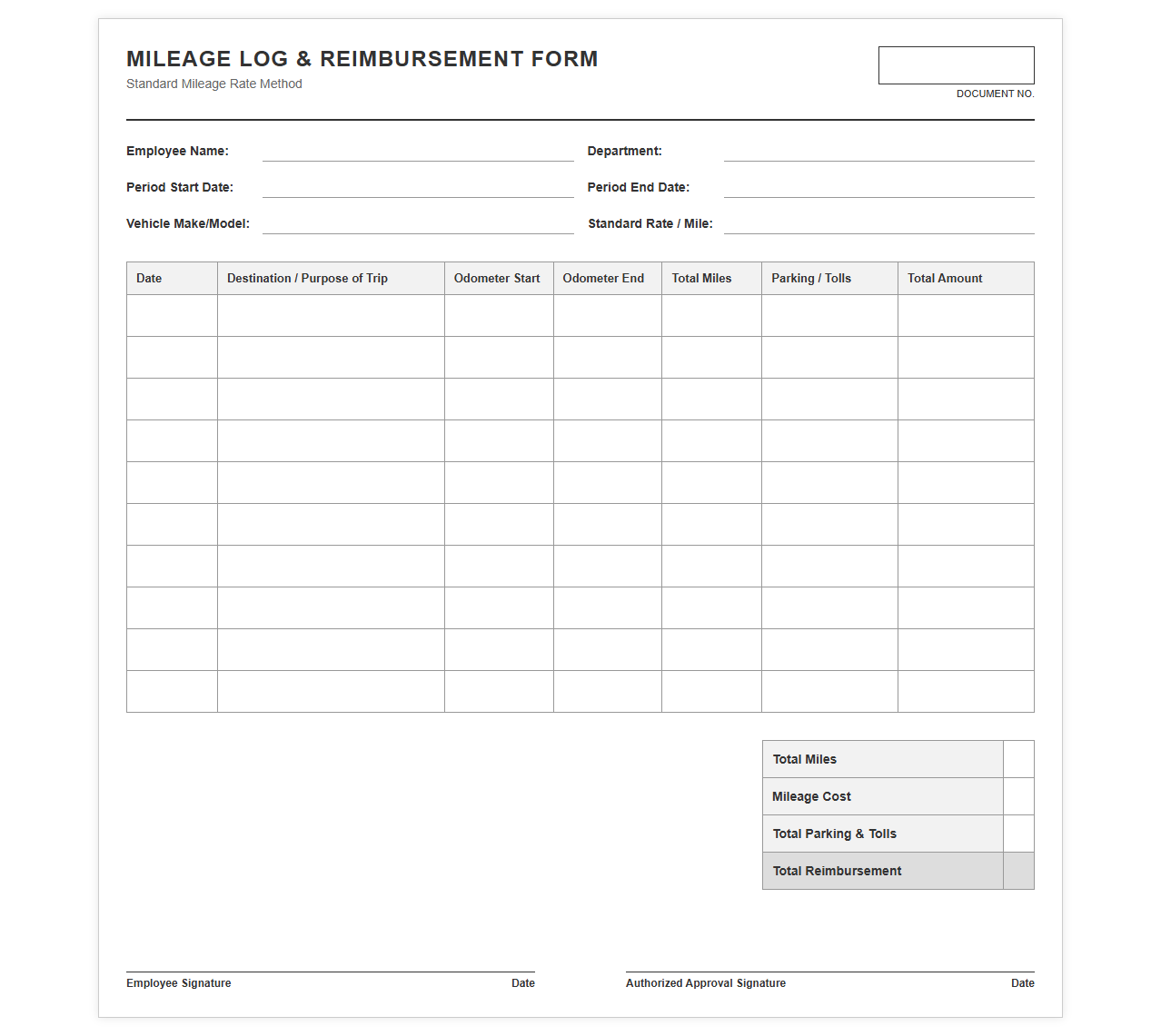 Mileage Log and Reimbursement Form