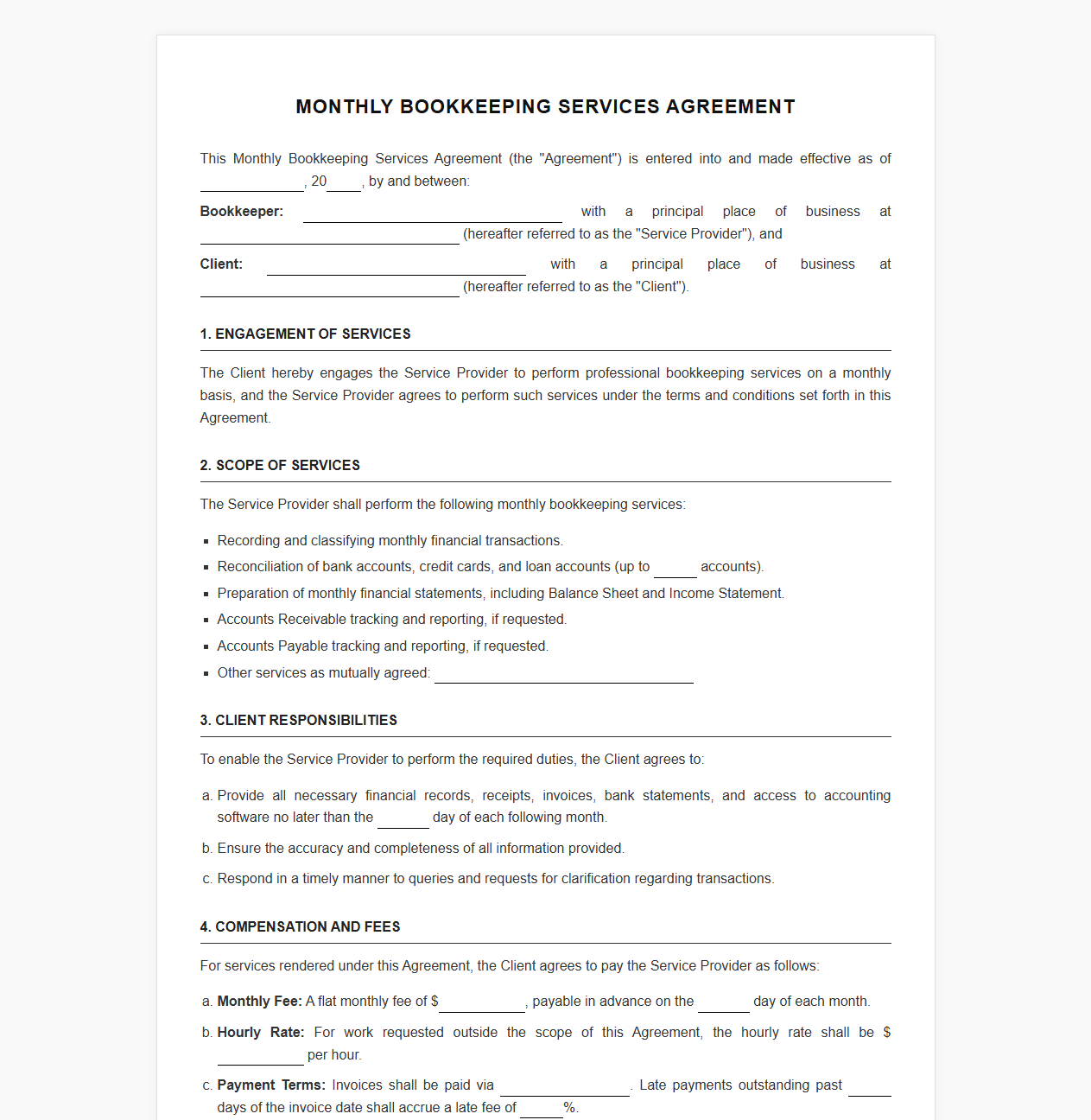 Monthly Bookkeeping Services Contract Template