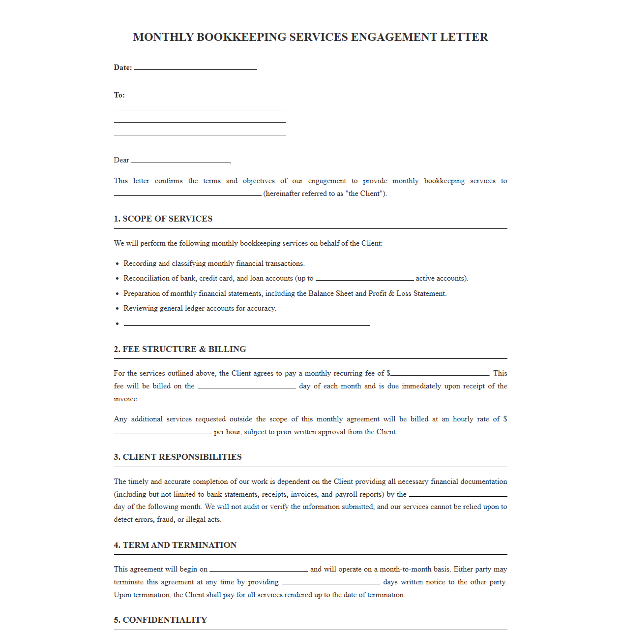 Monthly Bookkeeping Services Engagement Letter