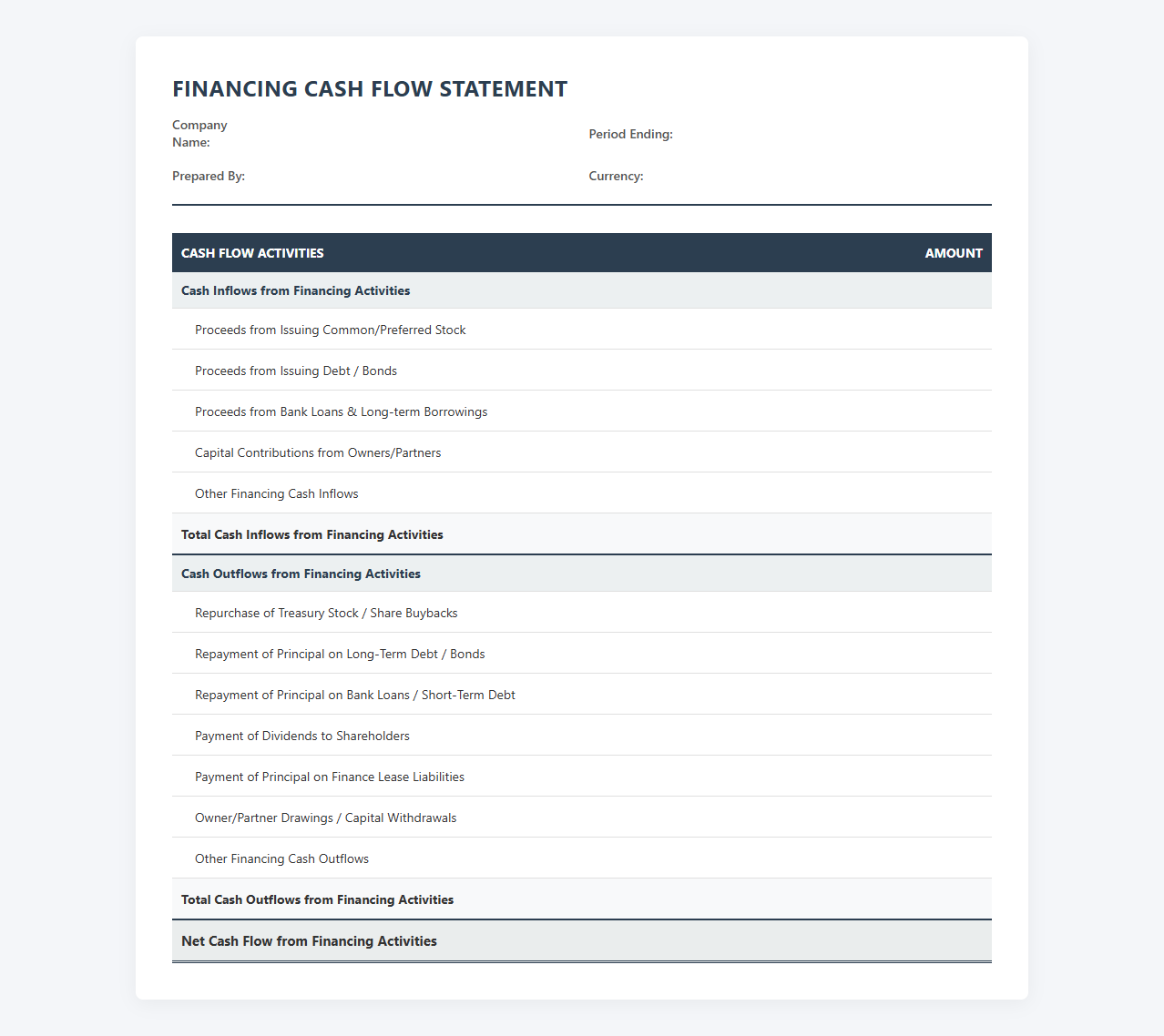 Monthly Financing Cash Flow Statement Template