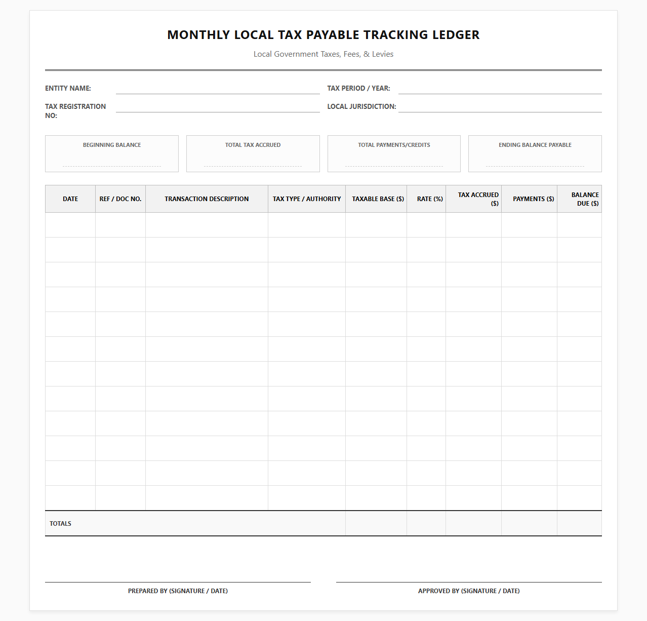 Monthly Local Tax Payable Tracking Ledger