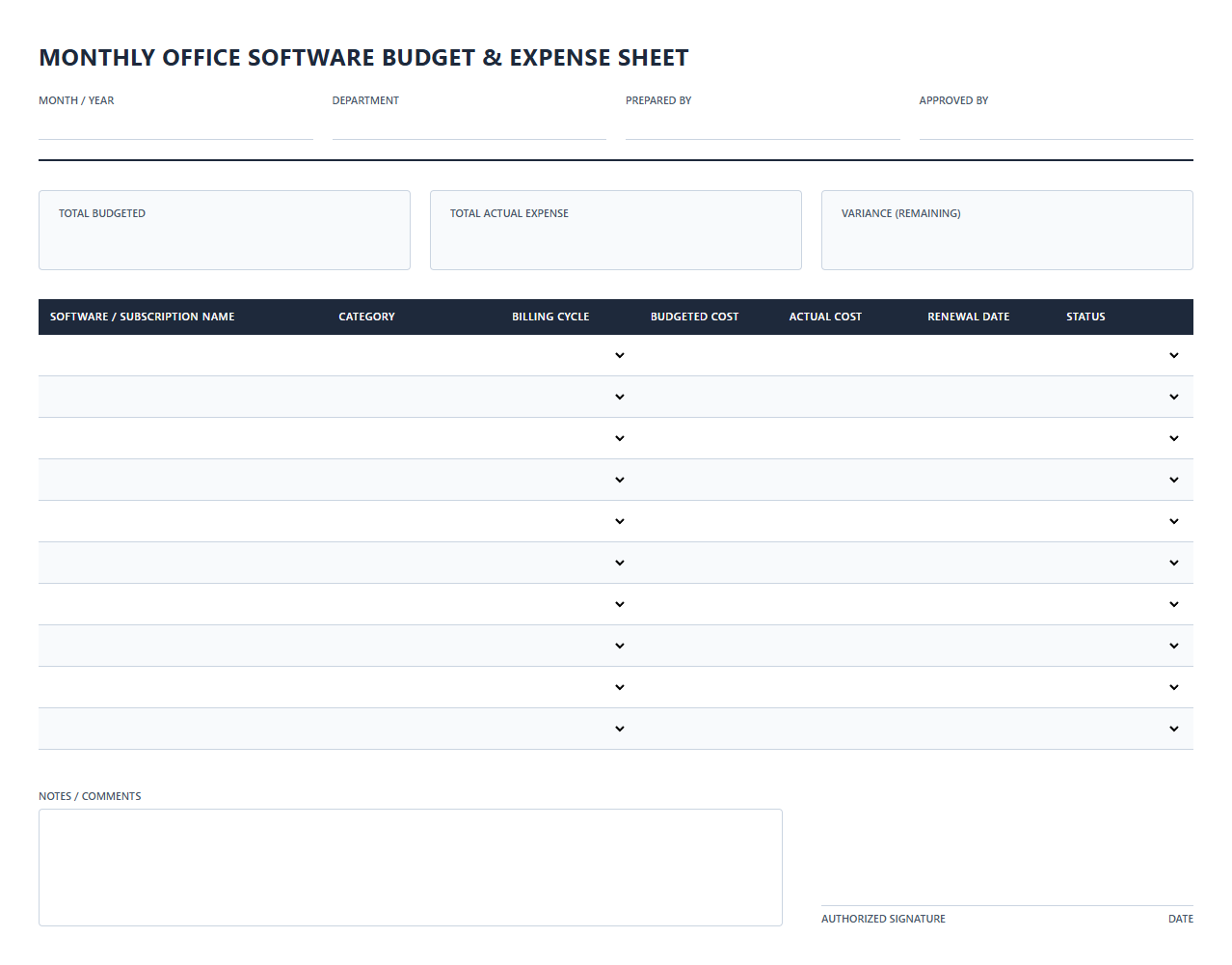 Monthly Office Software Budget and Expense Sheet