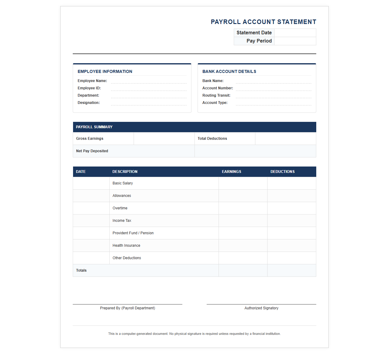 Monthly Payroll Bank Account Statement