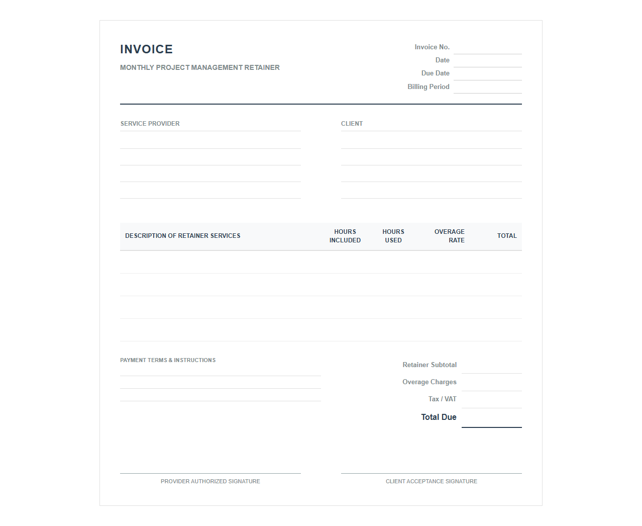 Monthly Project Management Retainer Invoice Form