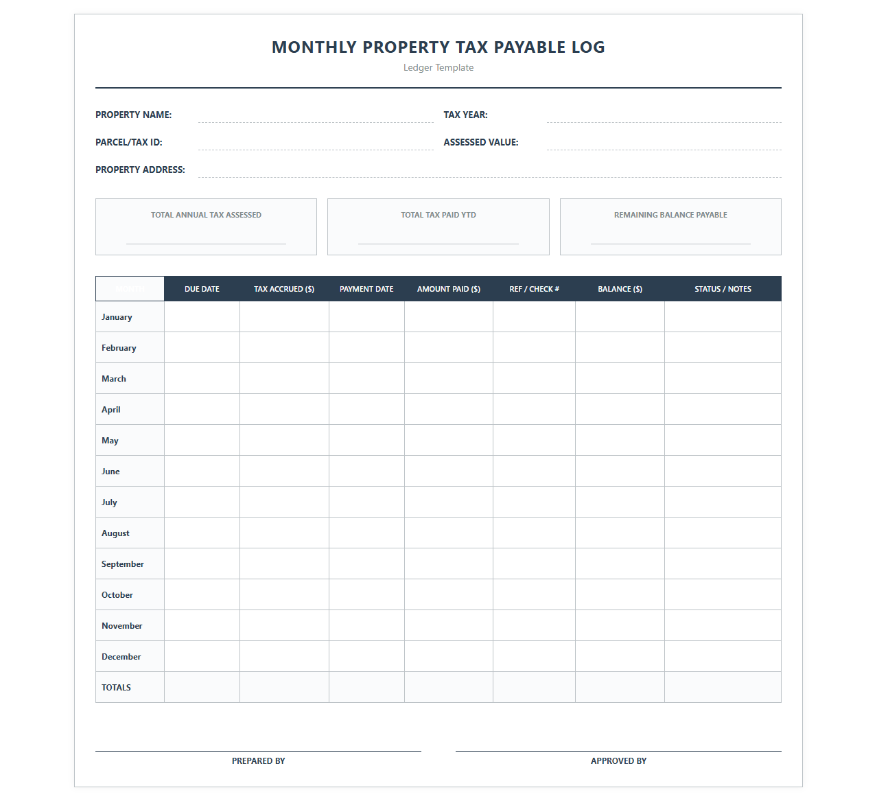 Monthly Property Tax Payable Log