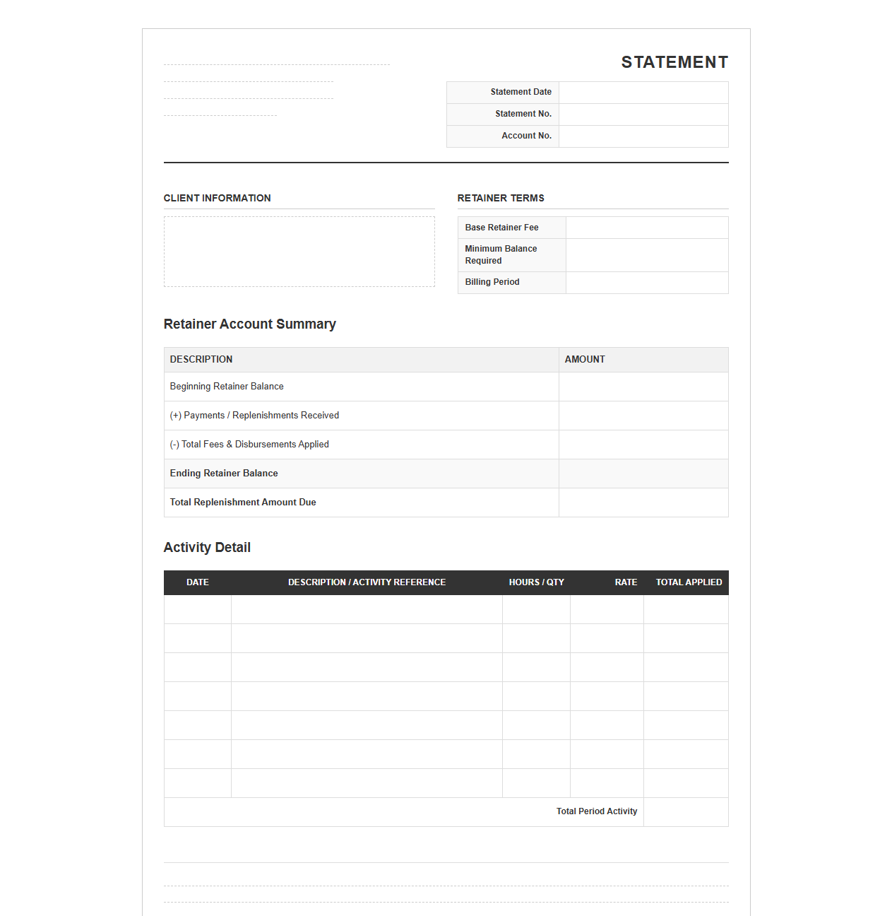 Monthly Retainer Account Billing Statement