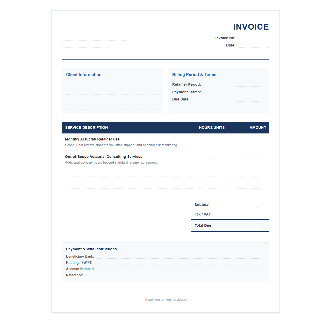 Monthly Retainer Actuarial Services Invoice