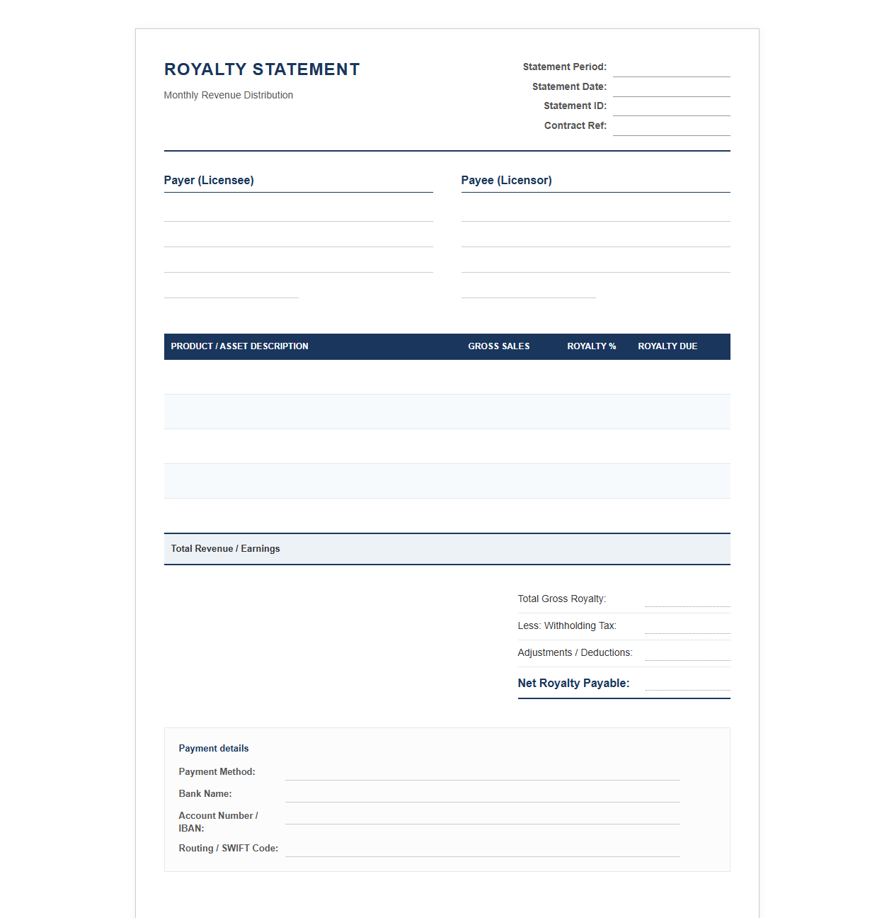 Monthly Royalty Revenue Statement Document