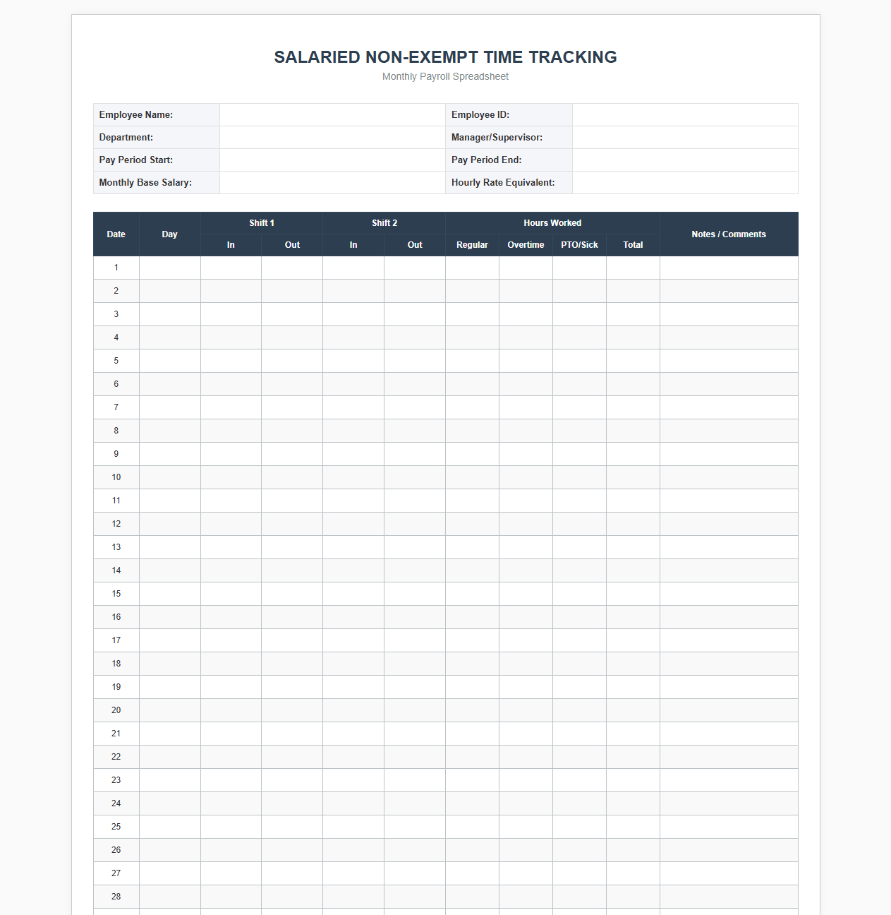 Monthly Salaried Non-Exempt Time Tracking Spreadsheet