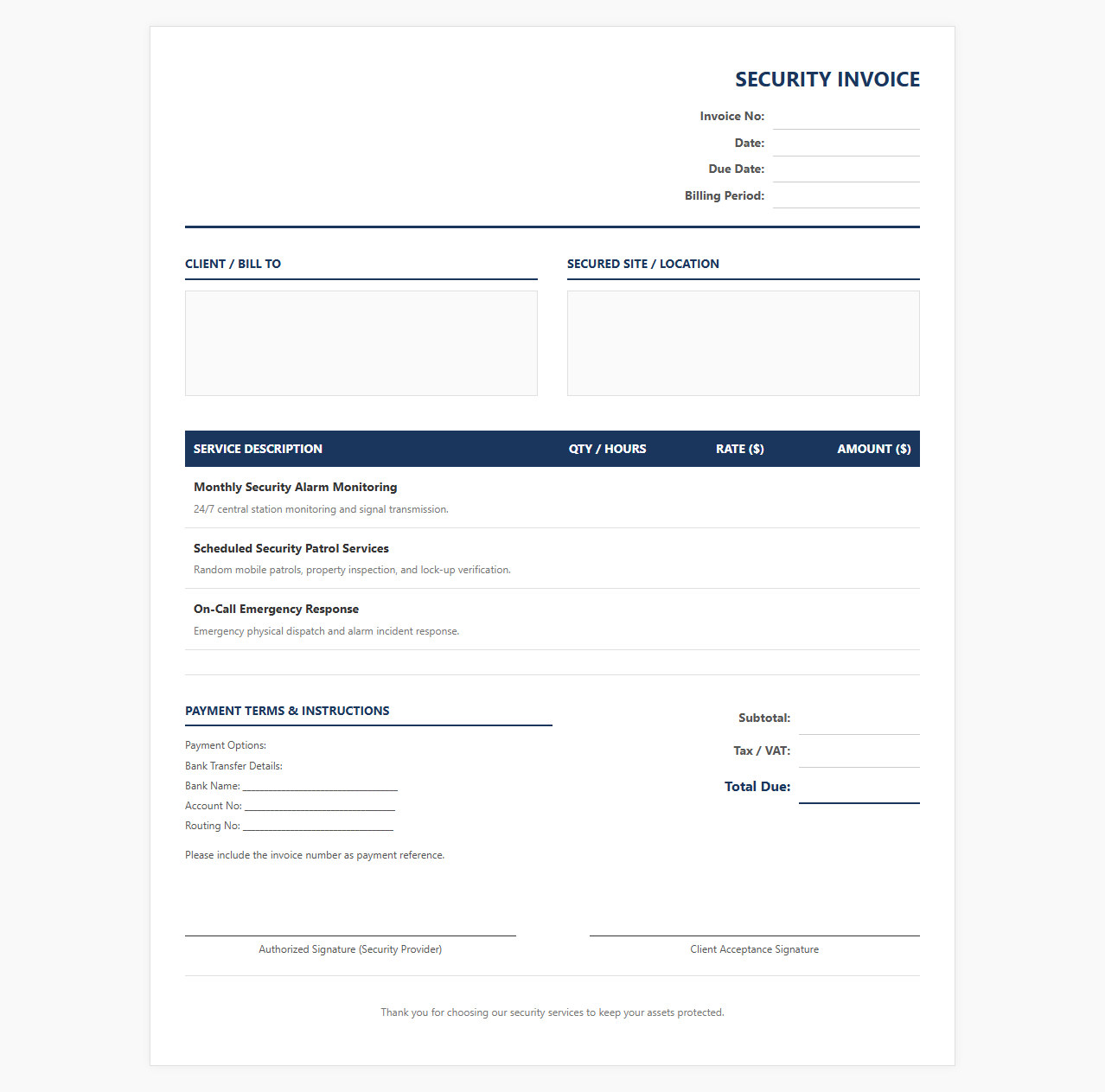 Monthly Security Monitoring and Patrol Invoice