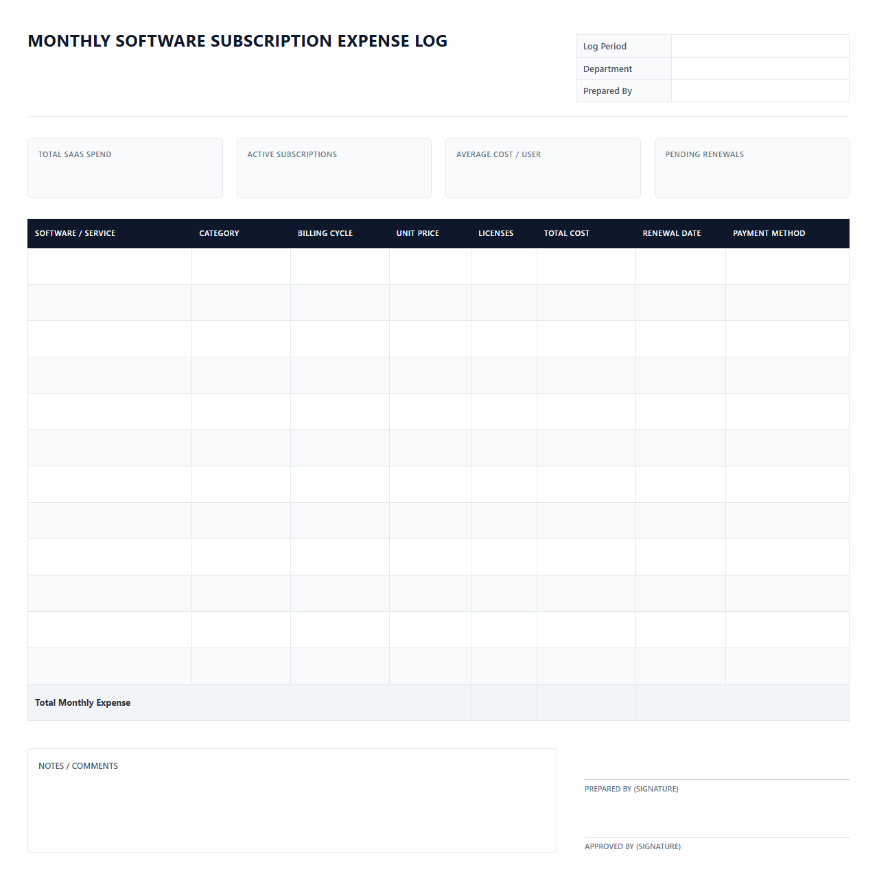 Monthly Software Subscription Expense Log