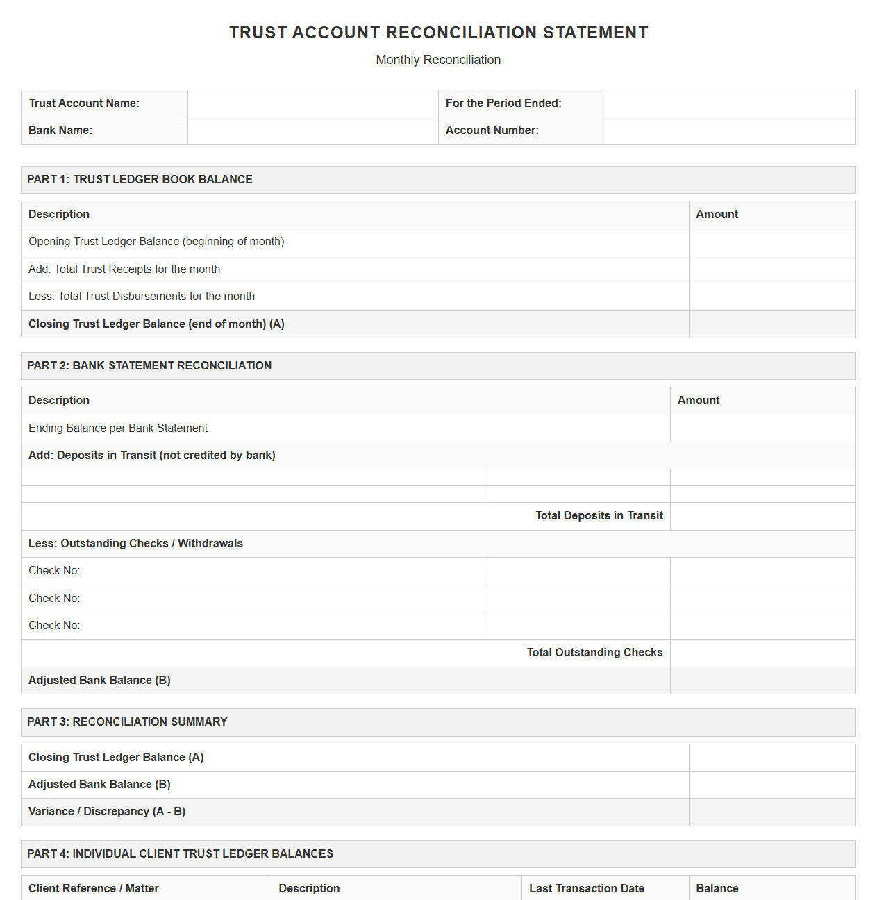 Monthly Trust Account Reconciliation Statement Template