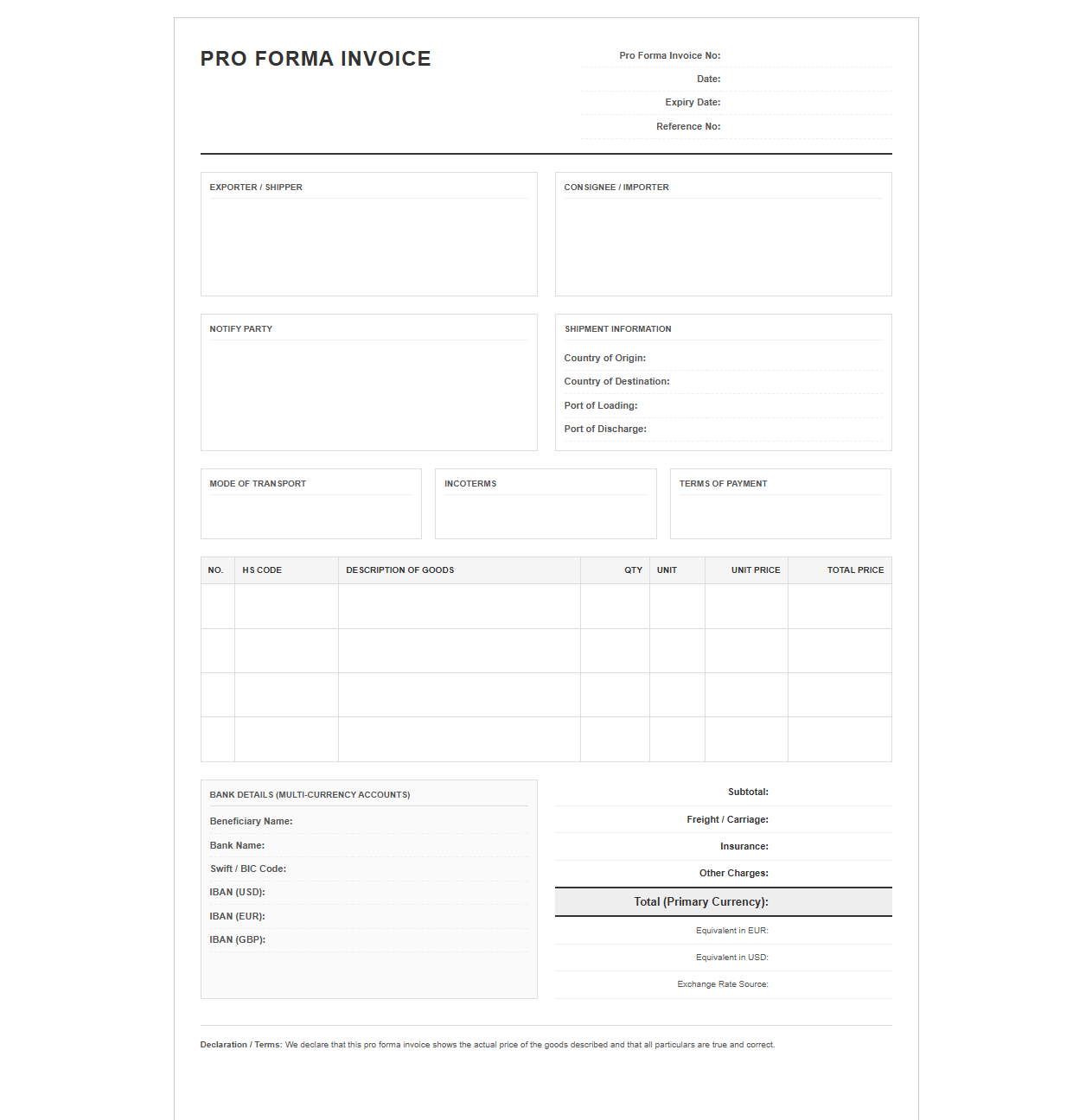 Multi Currency Pro Forma Invoice Template