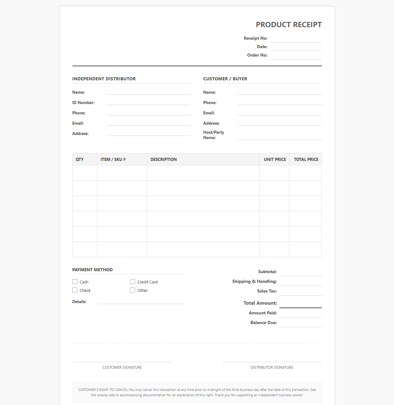 Multi-Level Marketing Product Receipt Template