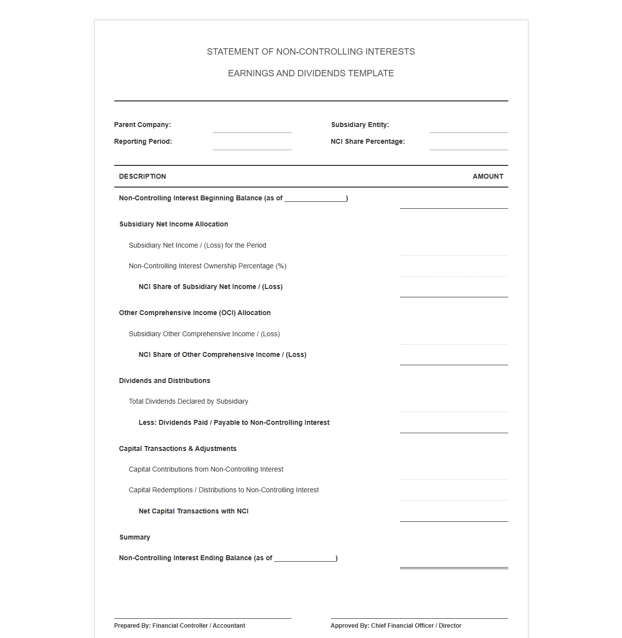 NCI Earnings and Dividends Statement Template
