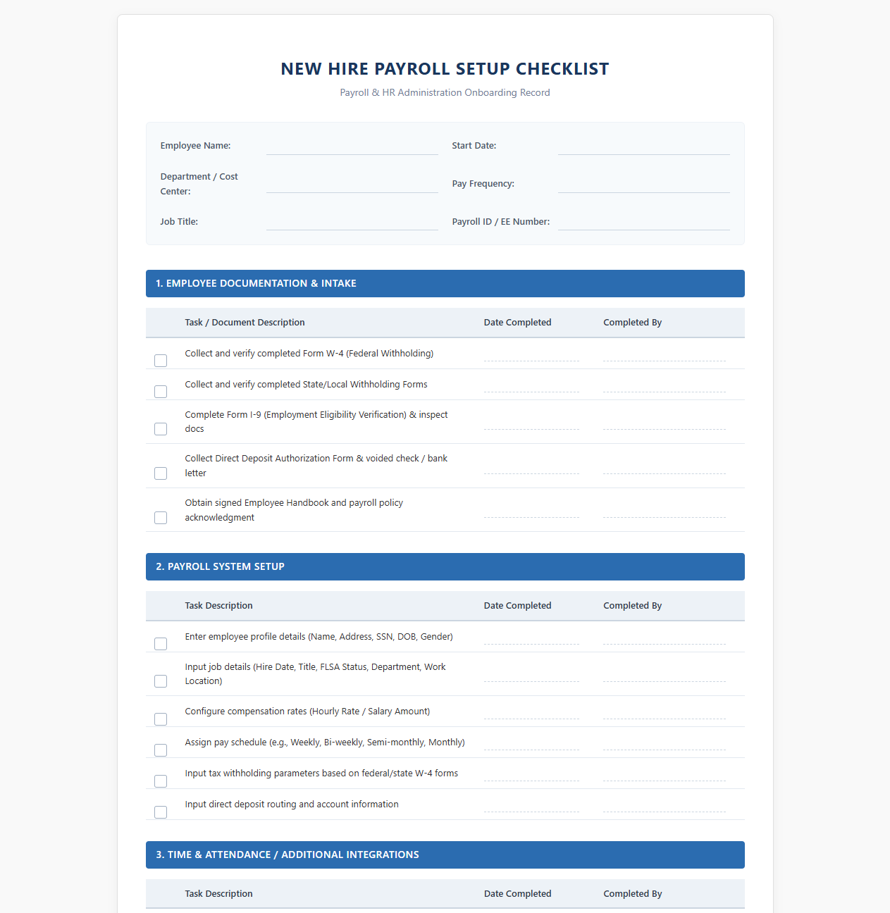 New Hire Payroll Setup Checklist Template