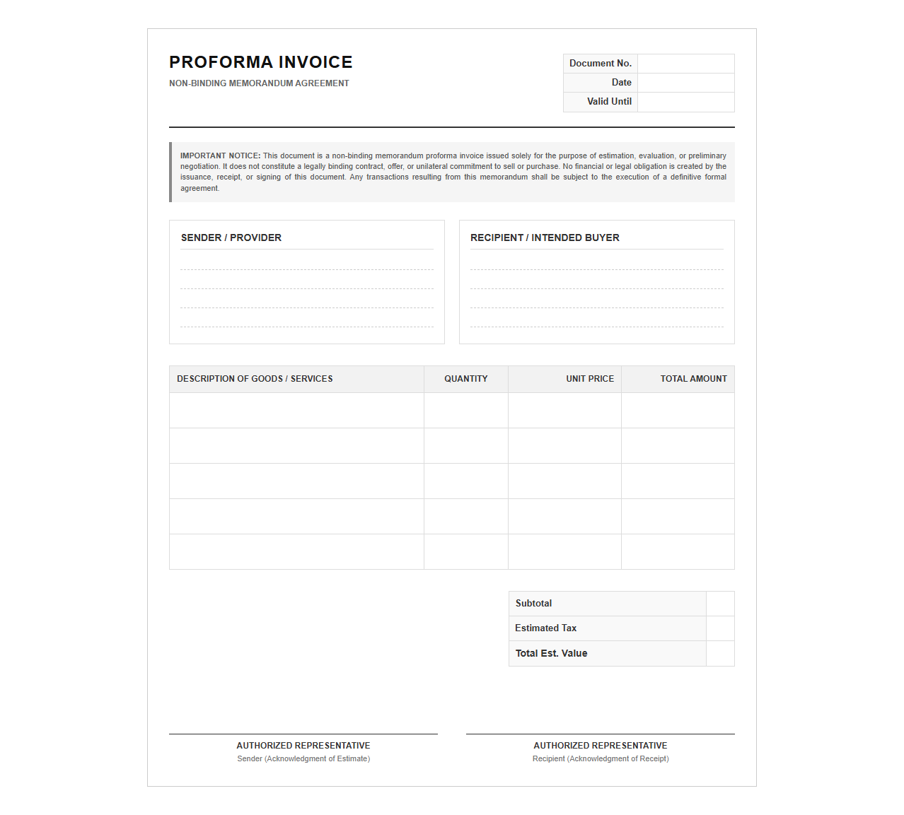 Non Binding Memorandum Proforma Invoice Document