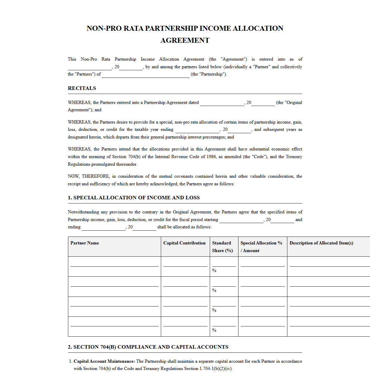Non-Pro Rata Partnership Income Allocation Agreement