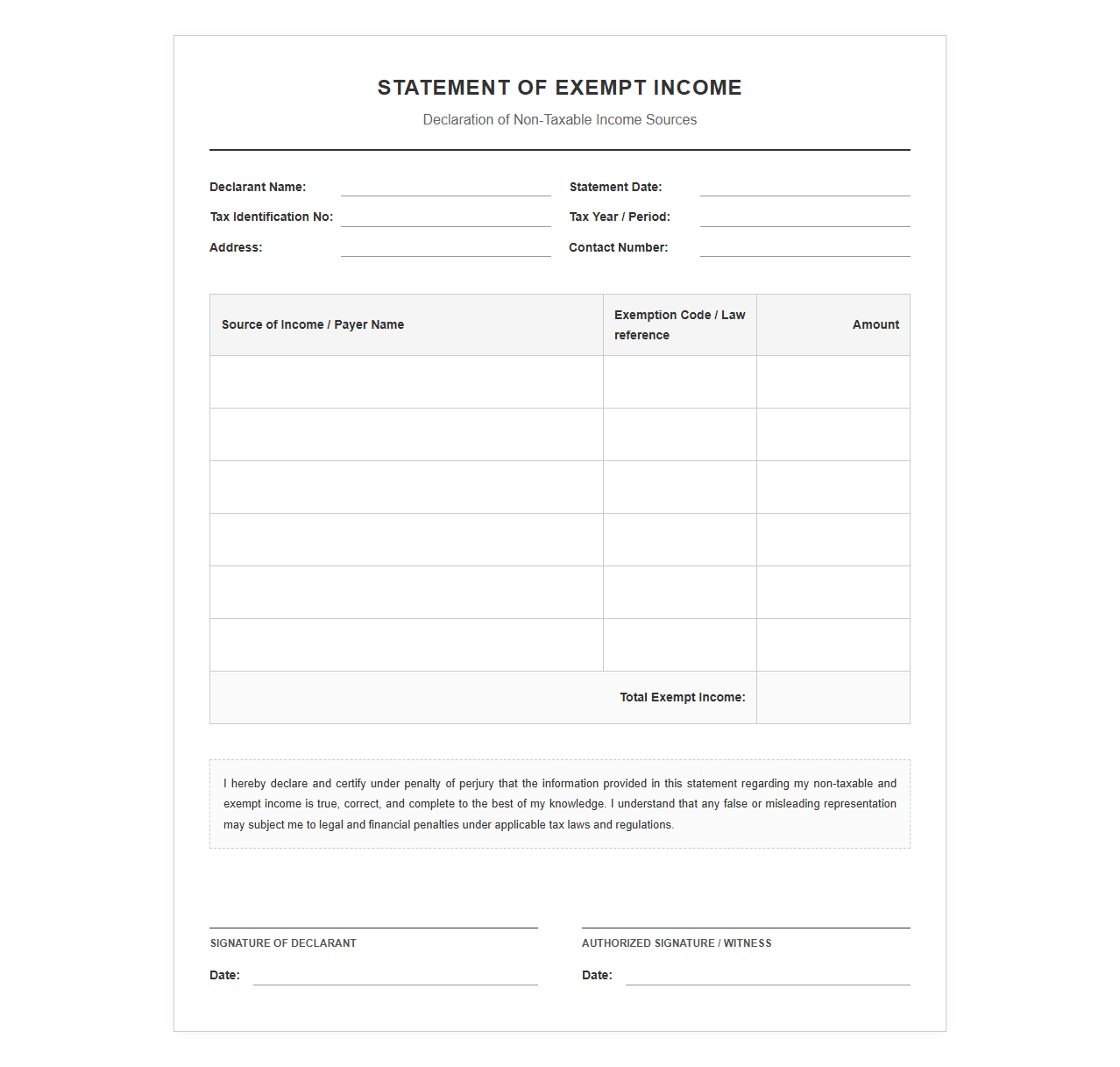 Non-Taxable Income Statement Template