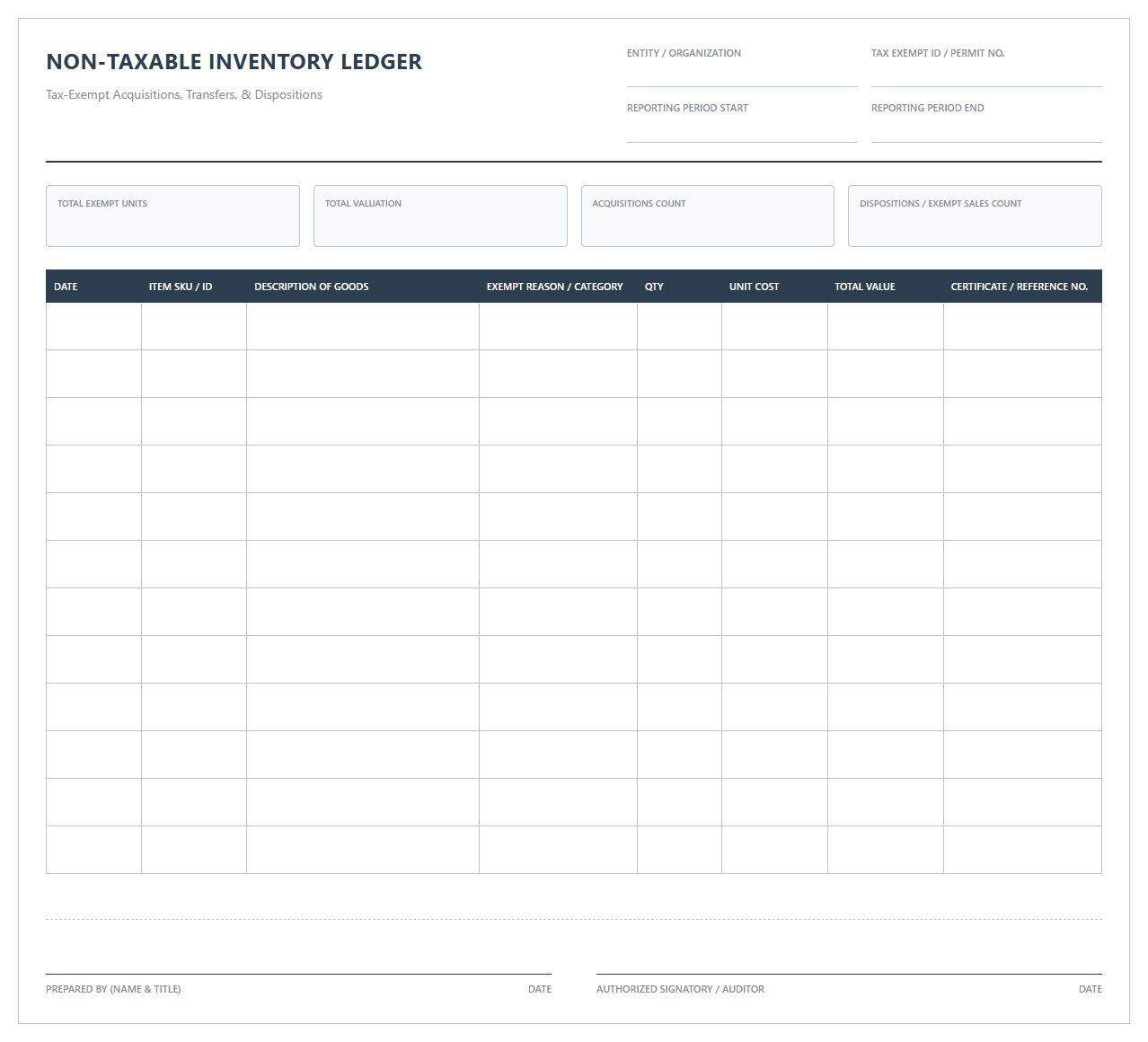 Non-Taxable Inventory Tracking Ledger