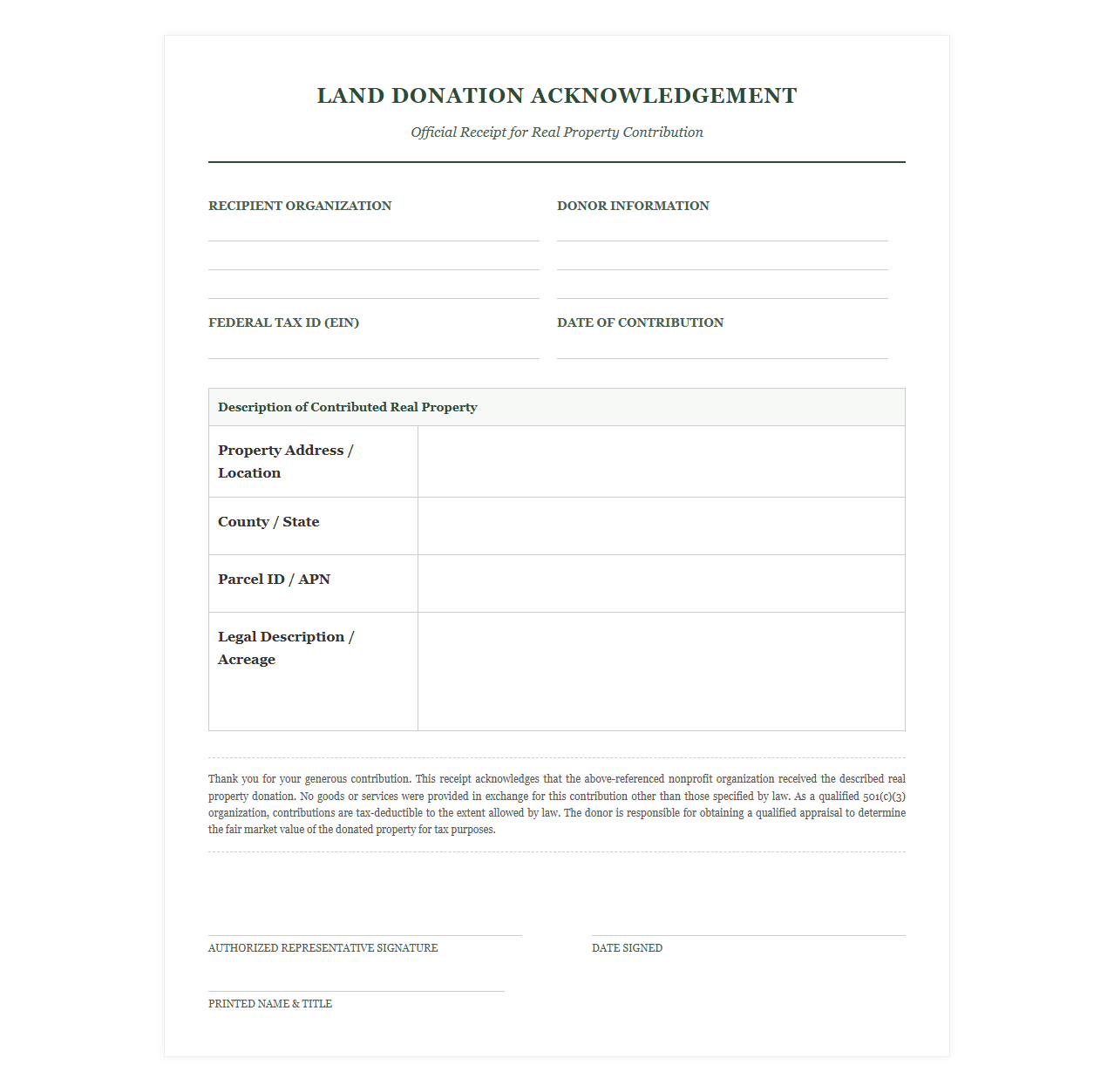 Nonprofit Land Donation Acknowledgement Template