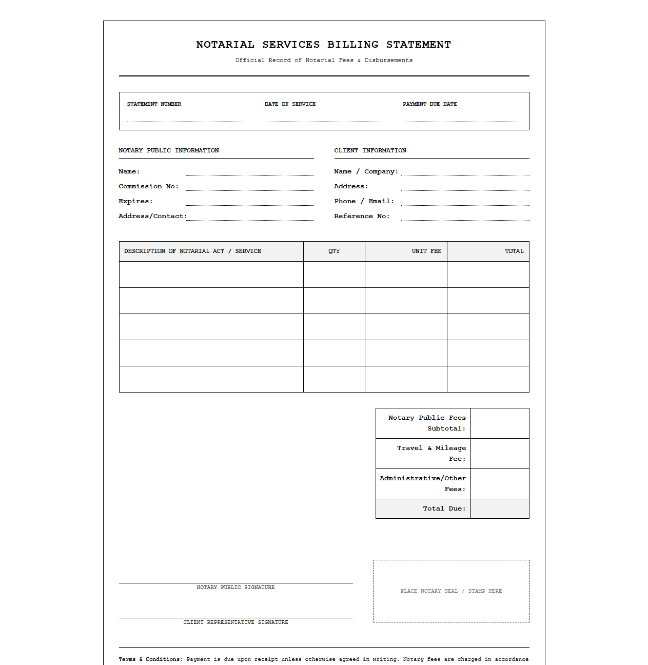 Notarial Services Billing Statement Template