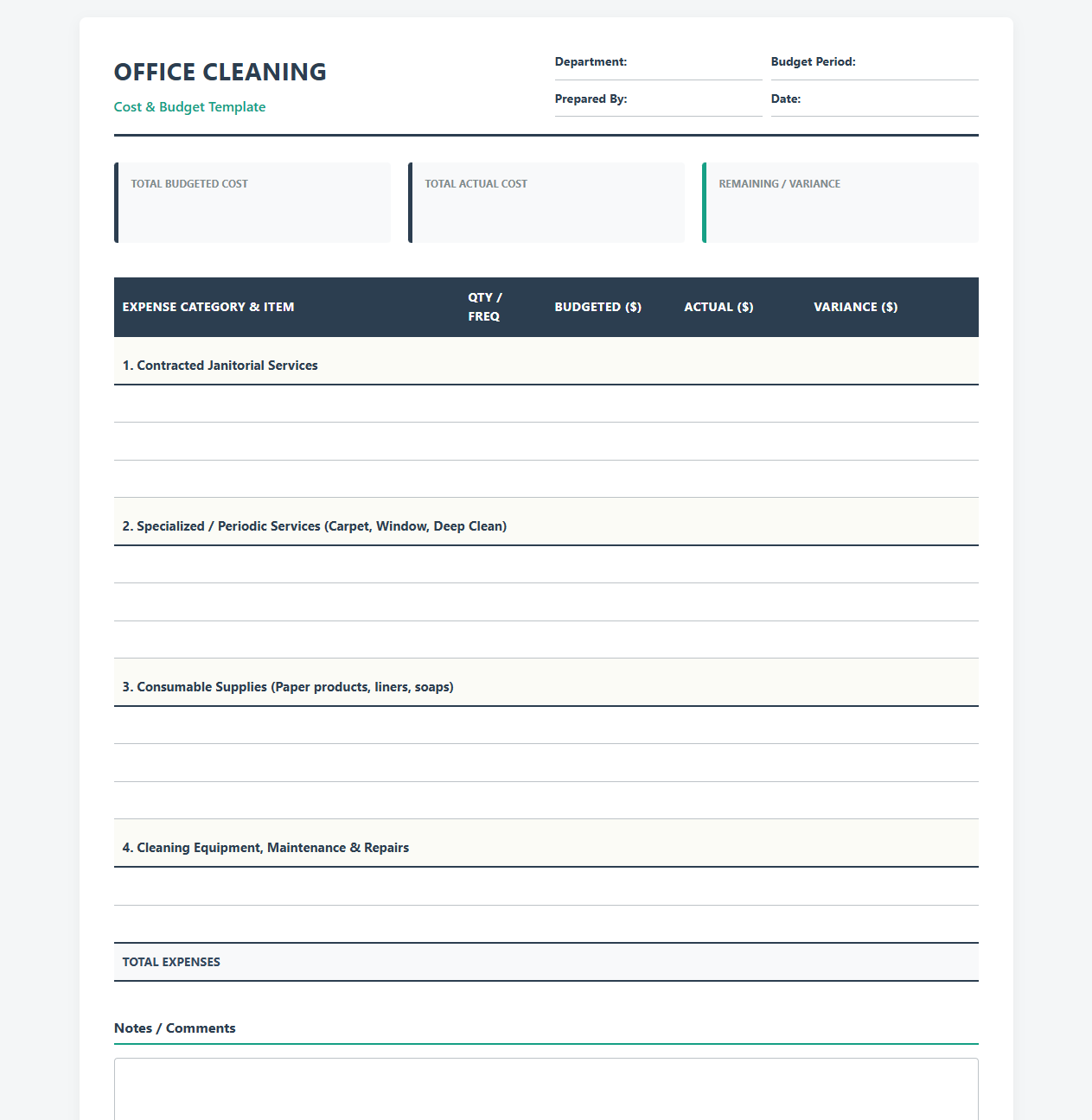 Office Cleaning Cost and Budget Template