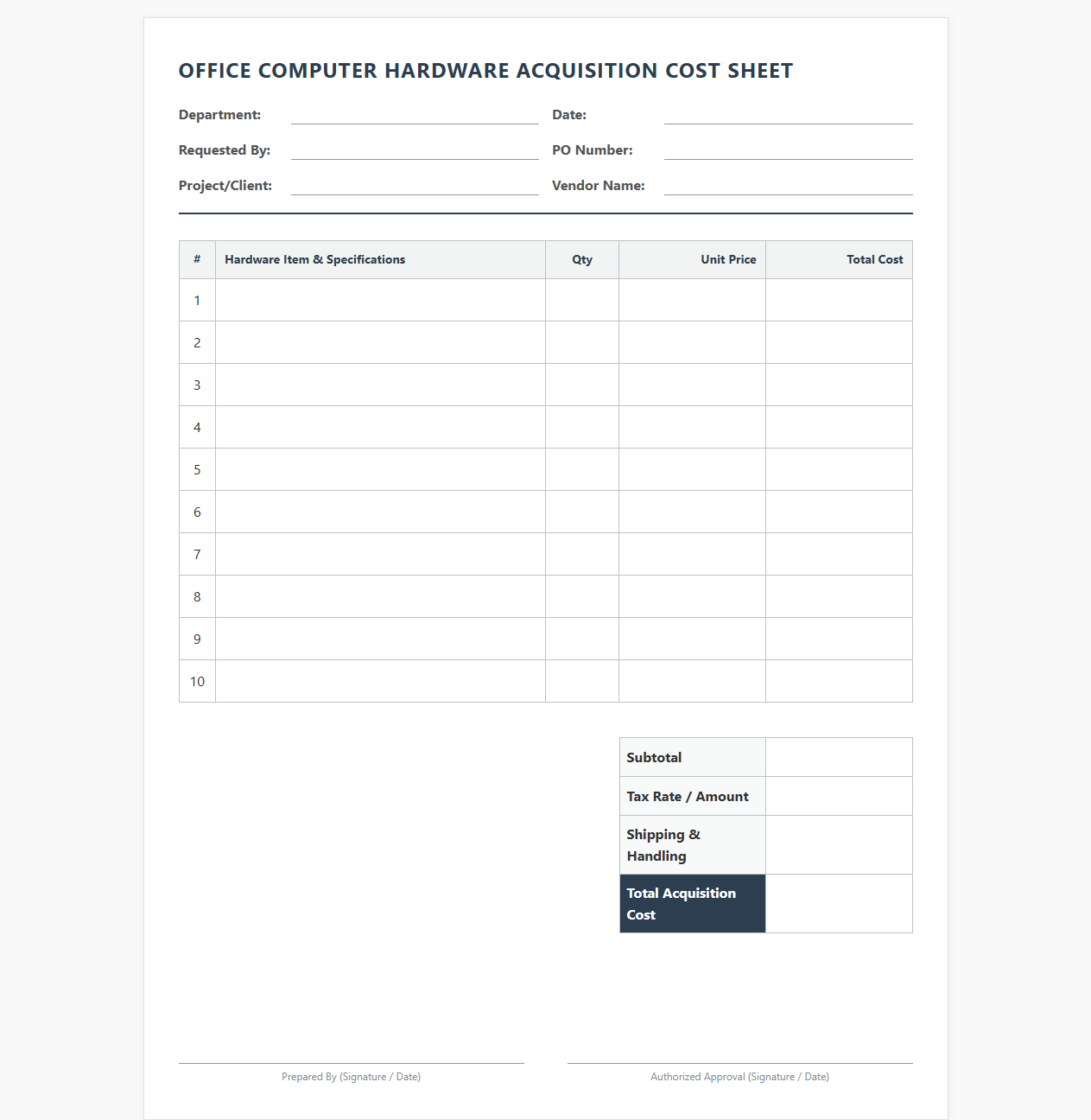 Office Computer Hardware Acquisition Cost Sheet