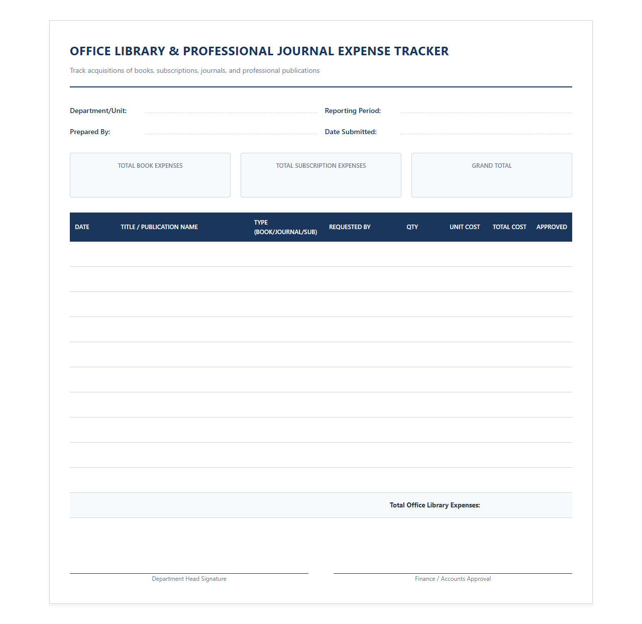 Office Library and Professional Journal Expense Tracker
