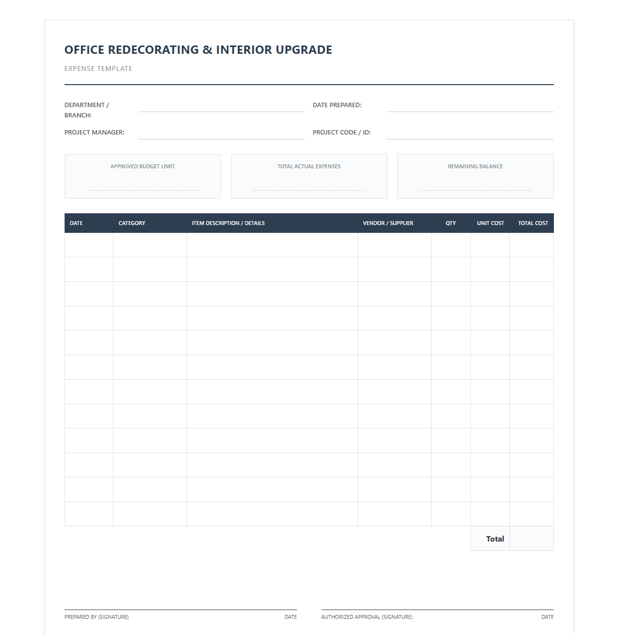 Office Redecorating and Interior Upgrade Expense Template