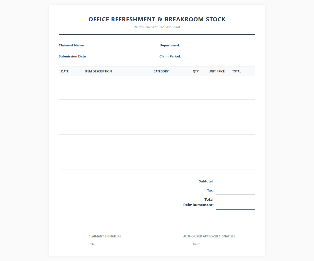 Office Refreshment and Breakroom Stock Reimbursement Sheet