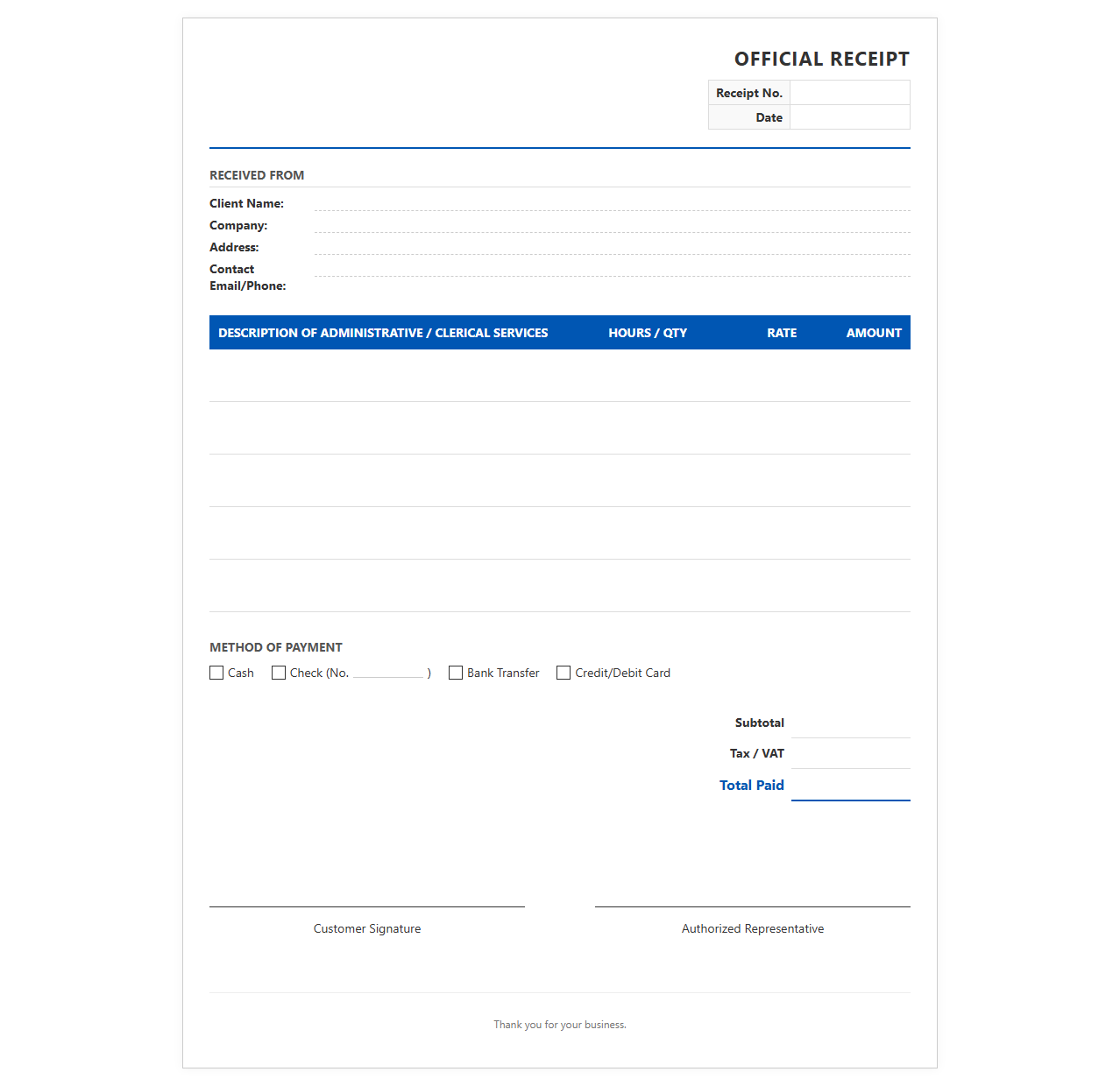 Official Receipt for Admin and Clerical Services