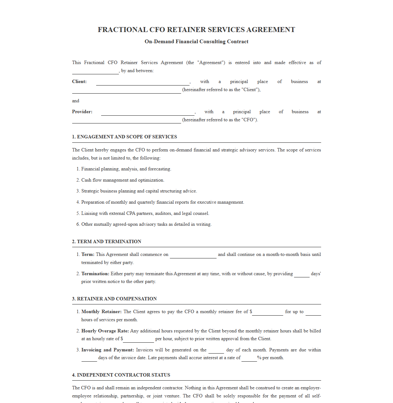 On-Demand CFO Retainer Services Contract