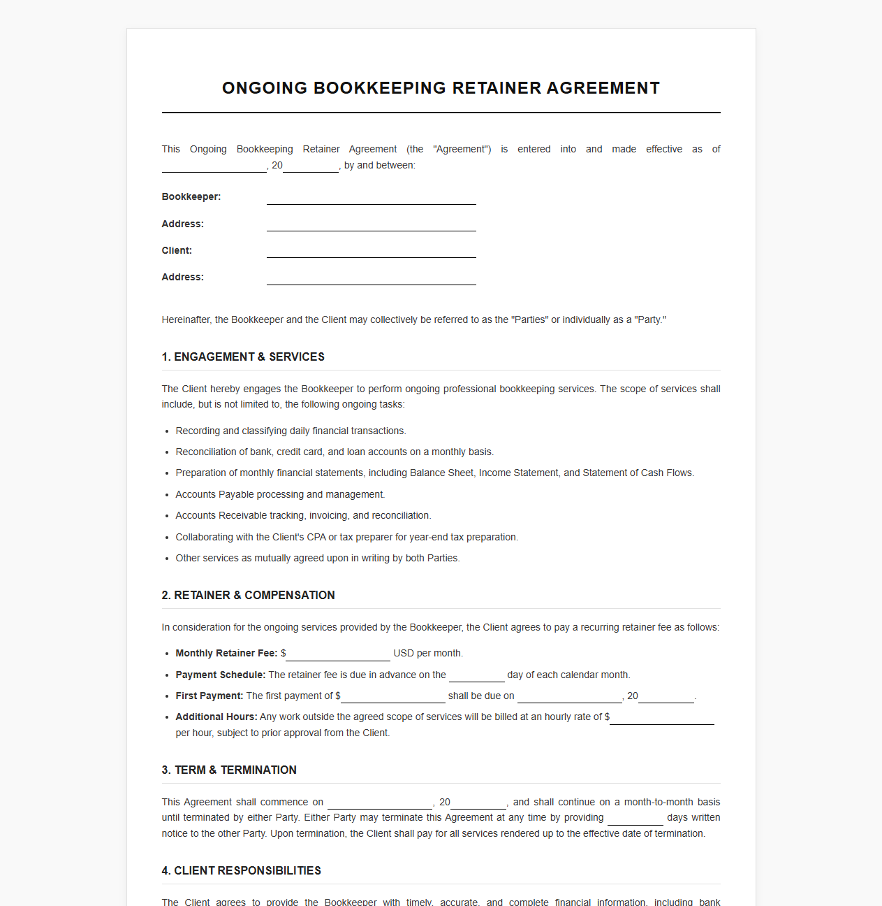 Ongoing Bookkeeping Retainer Agreement Template