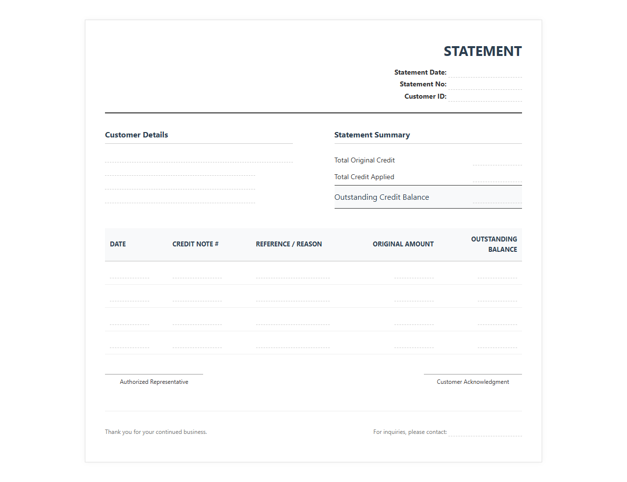 Outstanding Credit Balance Statement Template