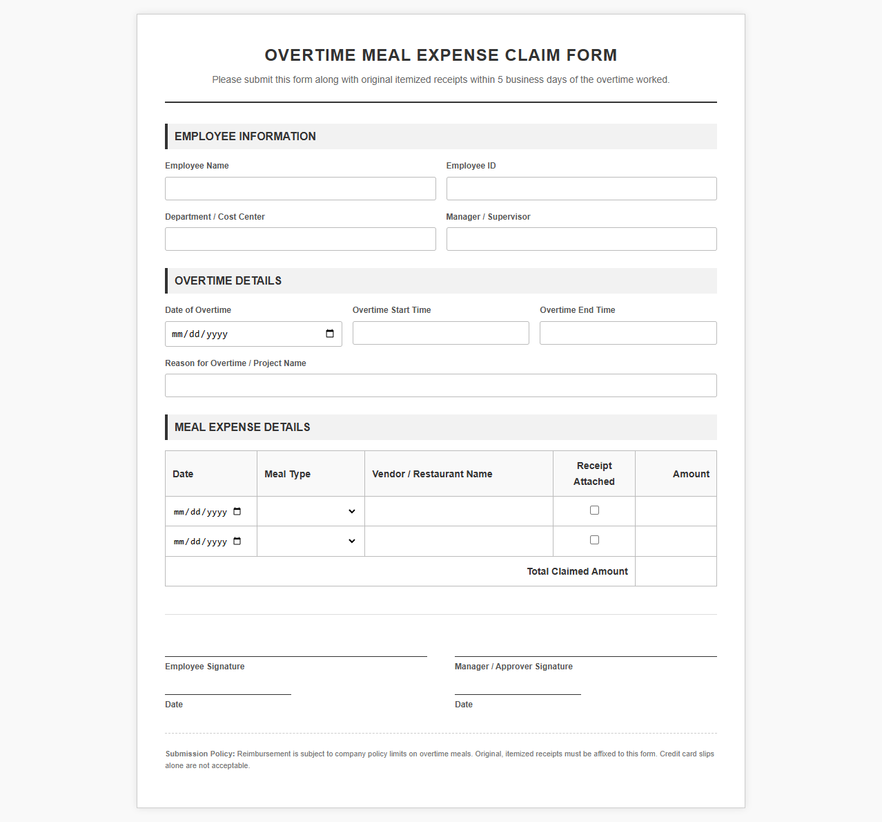 Overtime Meal Expense Claim Form